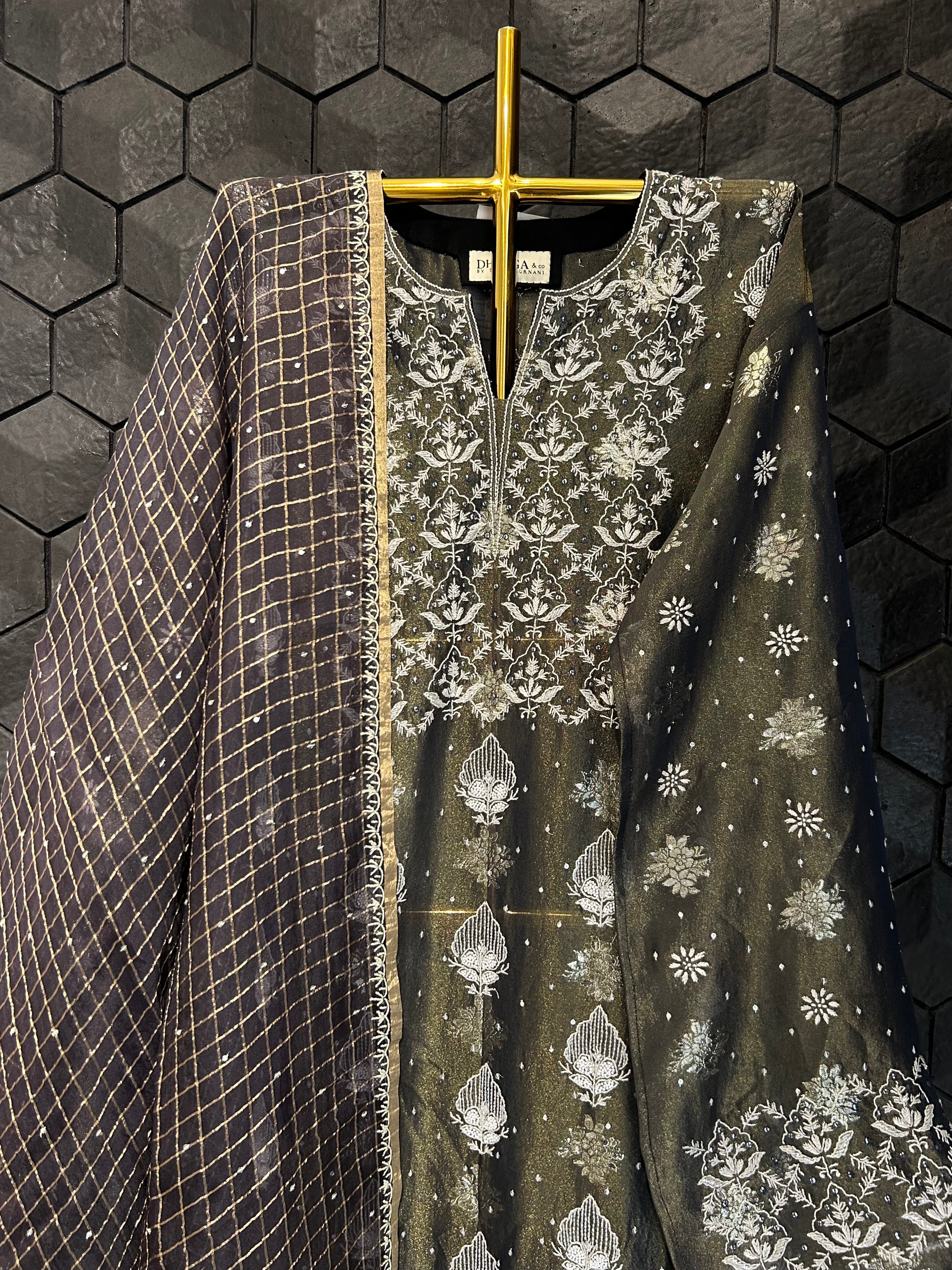 Black Shimmer Organza Chikankari Kurta Set