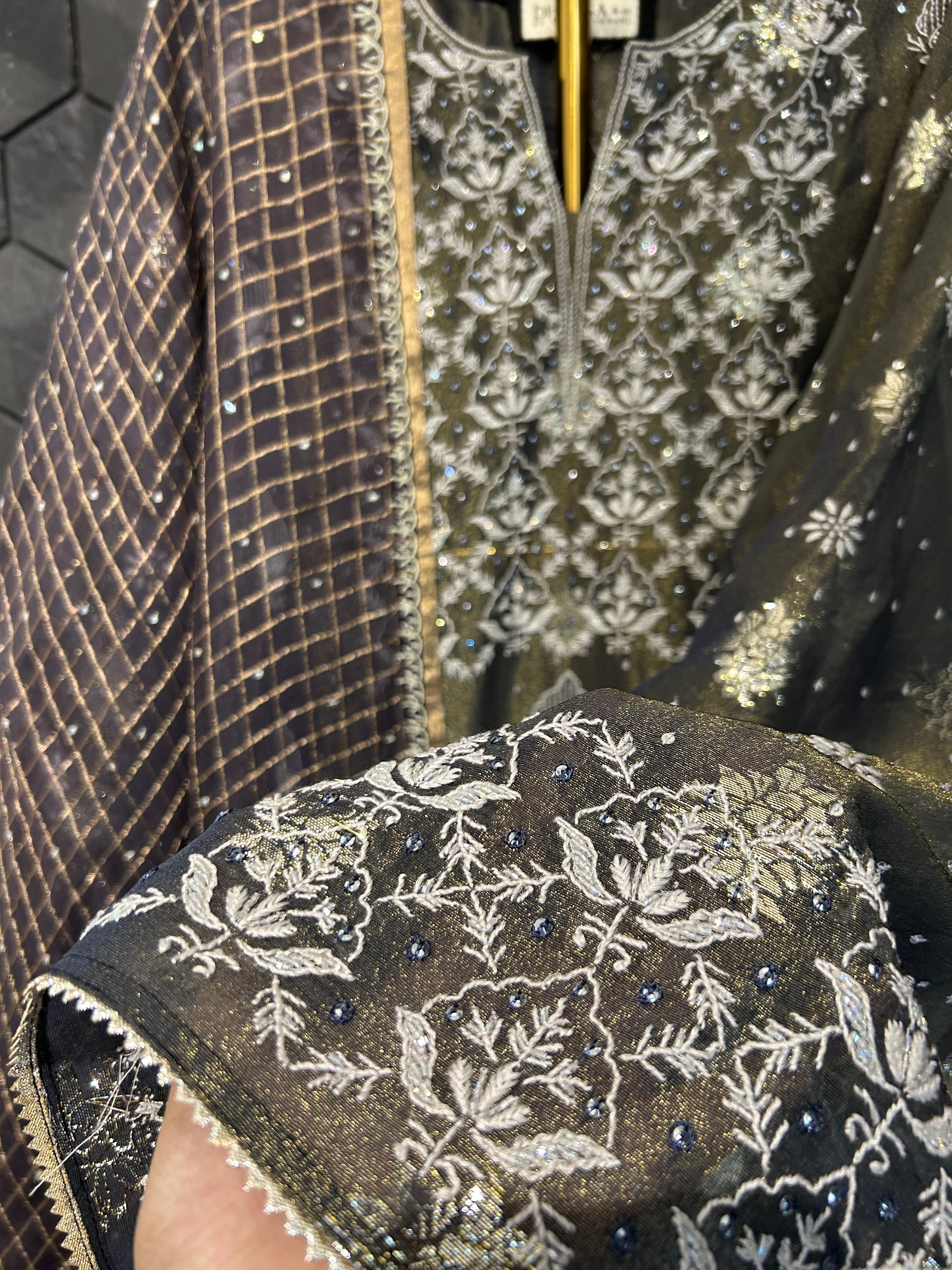 Black Shimmer Organza Chikankari Kurta Set