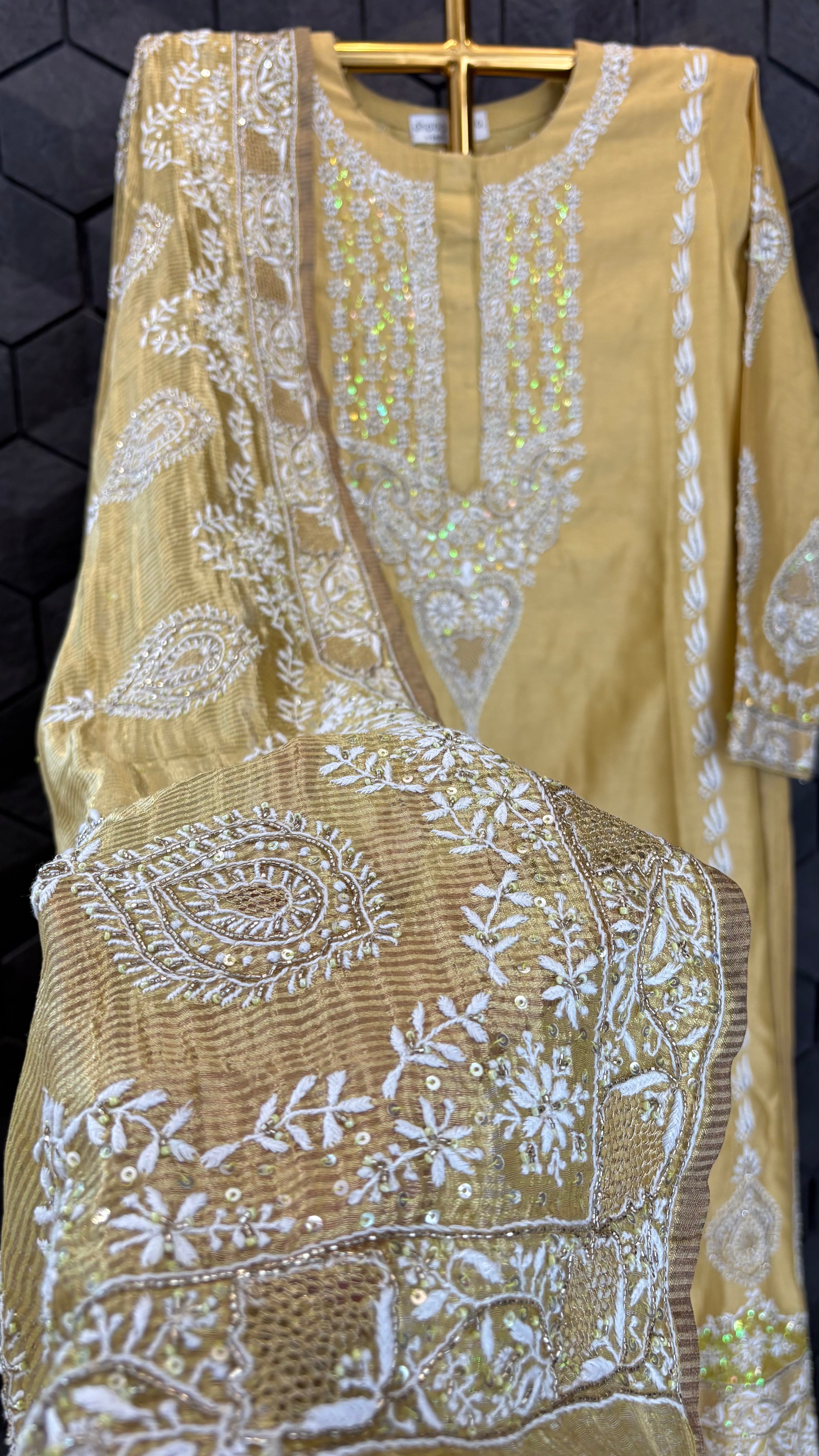 Mustard chanderi chikankari anarkali set