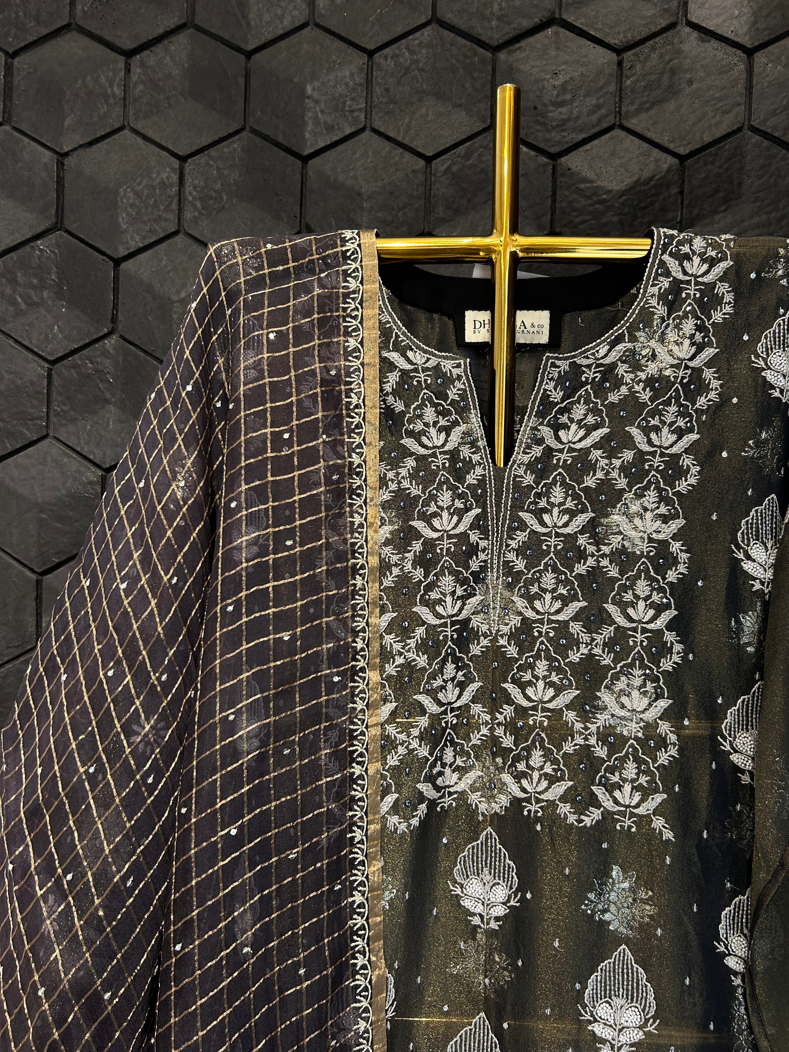Black Shimmer Organza Chikankari Kurta Set