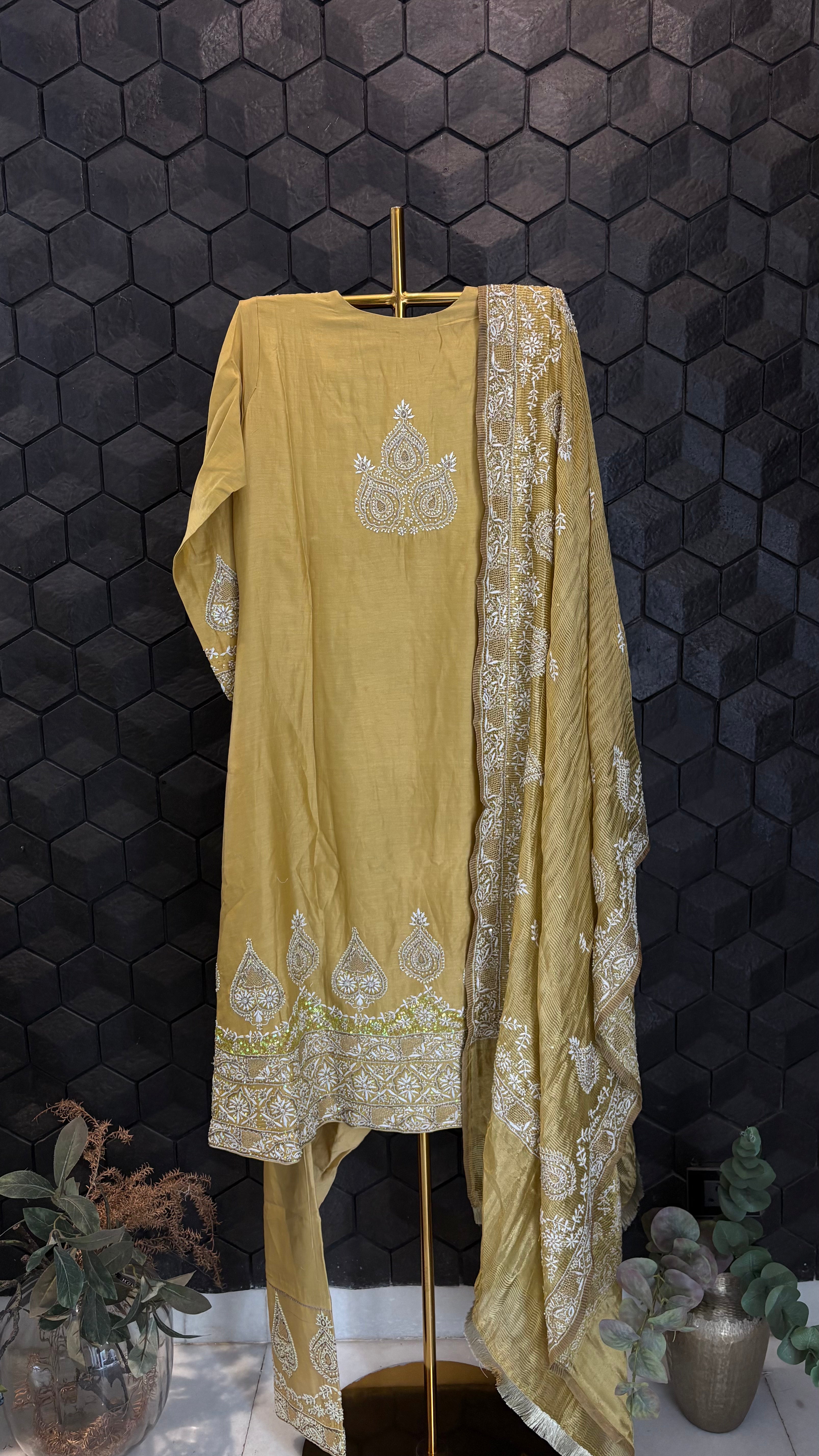 Mustard chanderi chikankari anarkali set