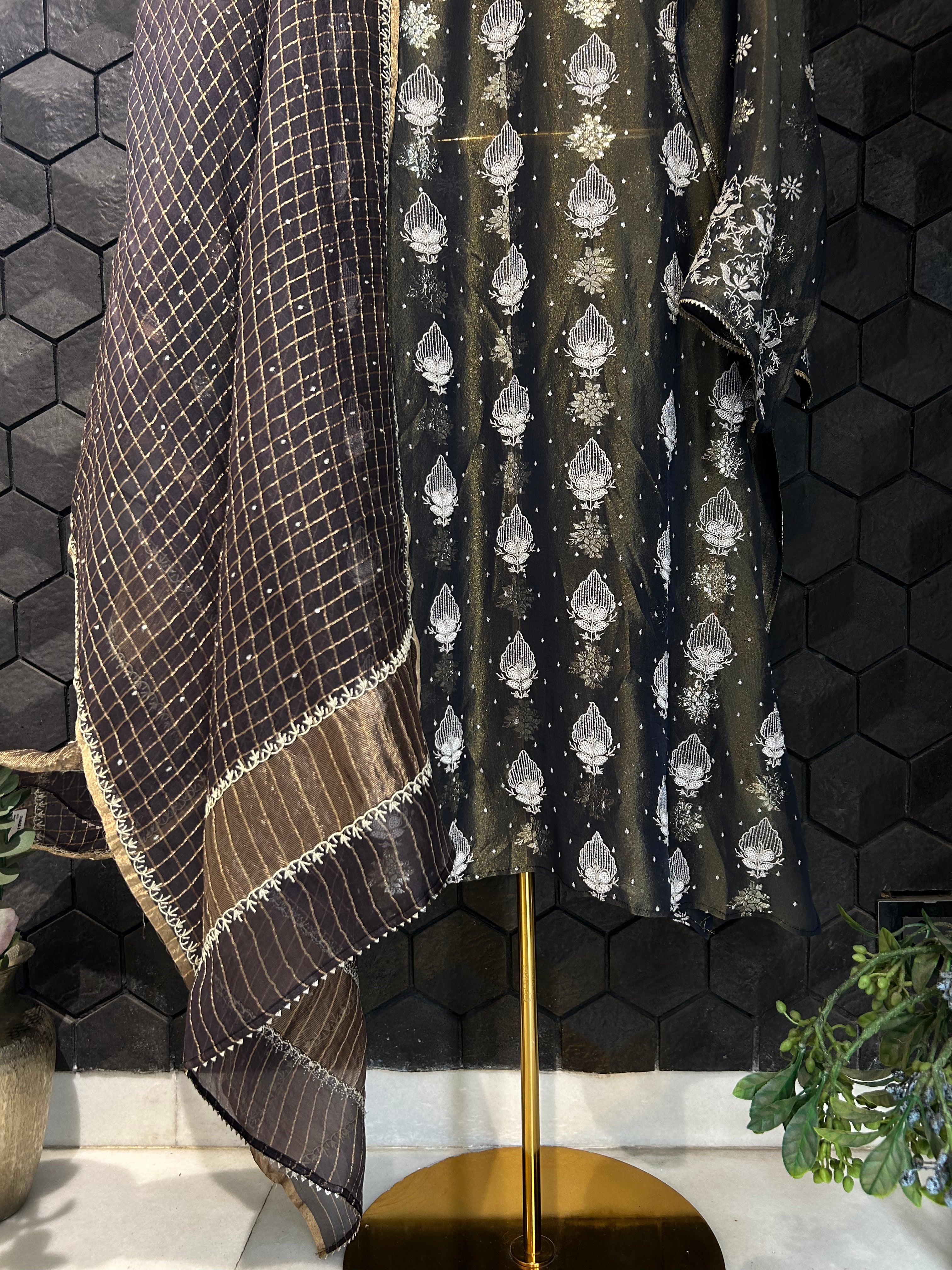 Black Shimmer Organza Chikankari Kurta Set