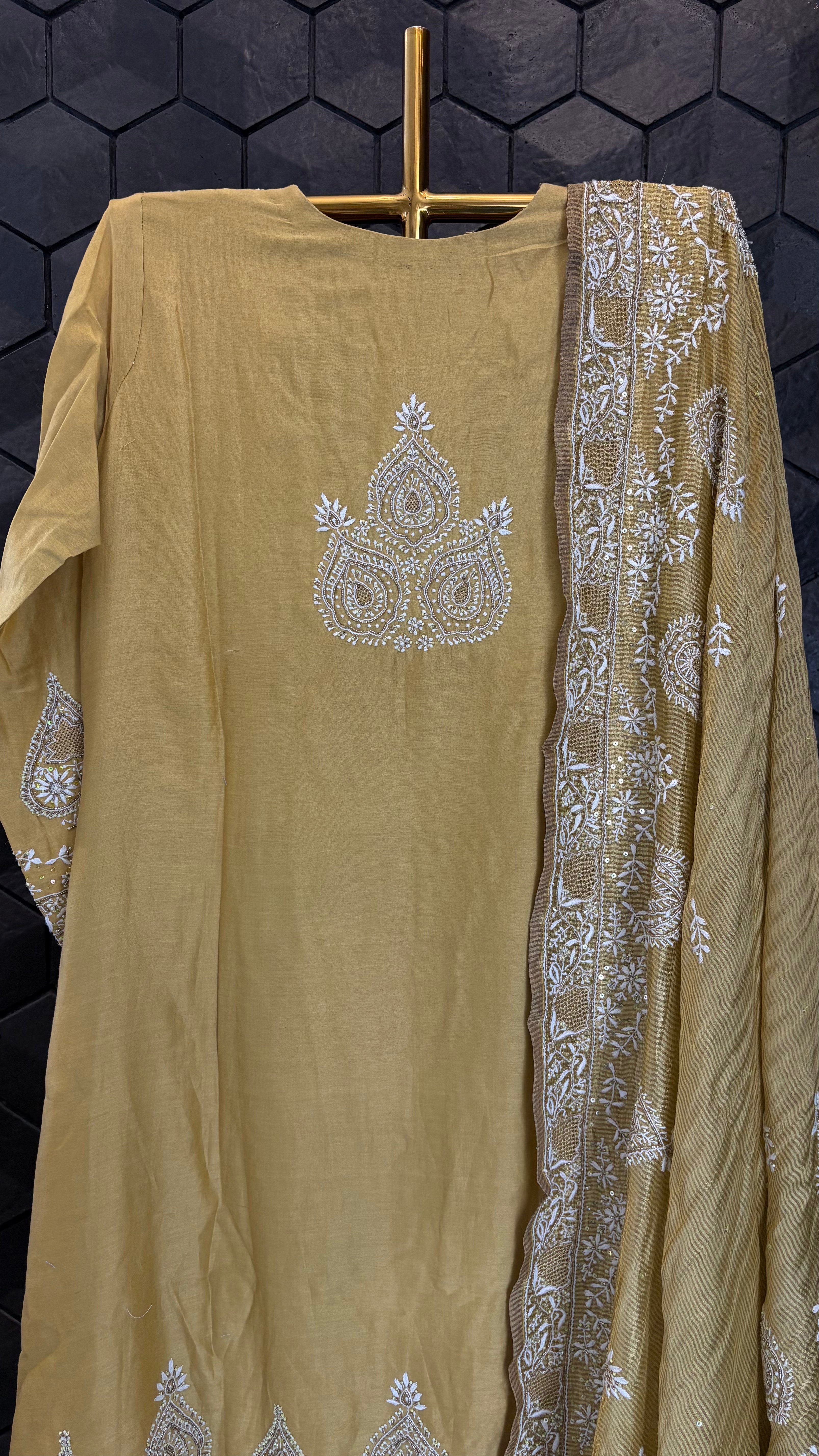 Mustard chanderi chikankari anarkali set