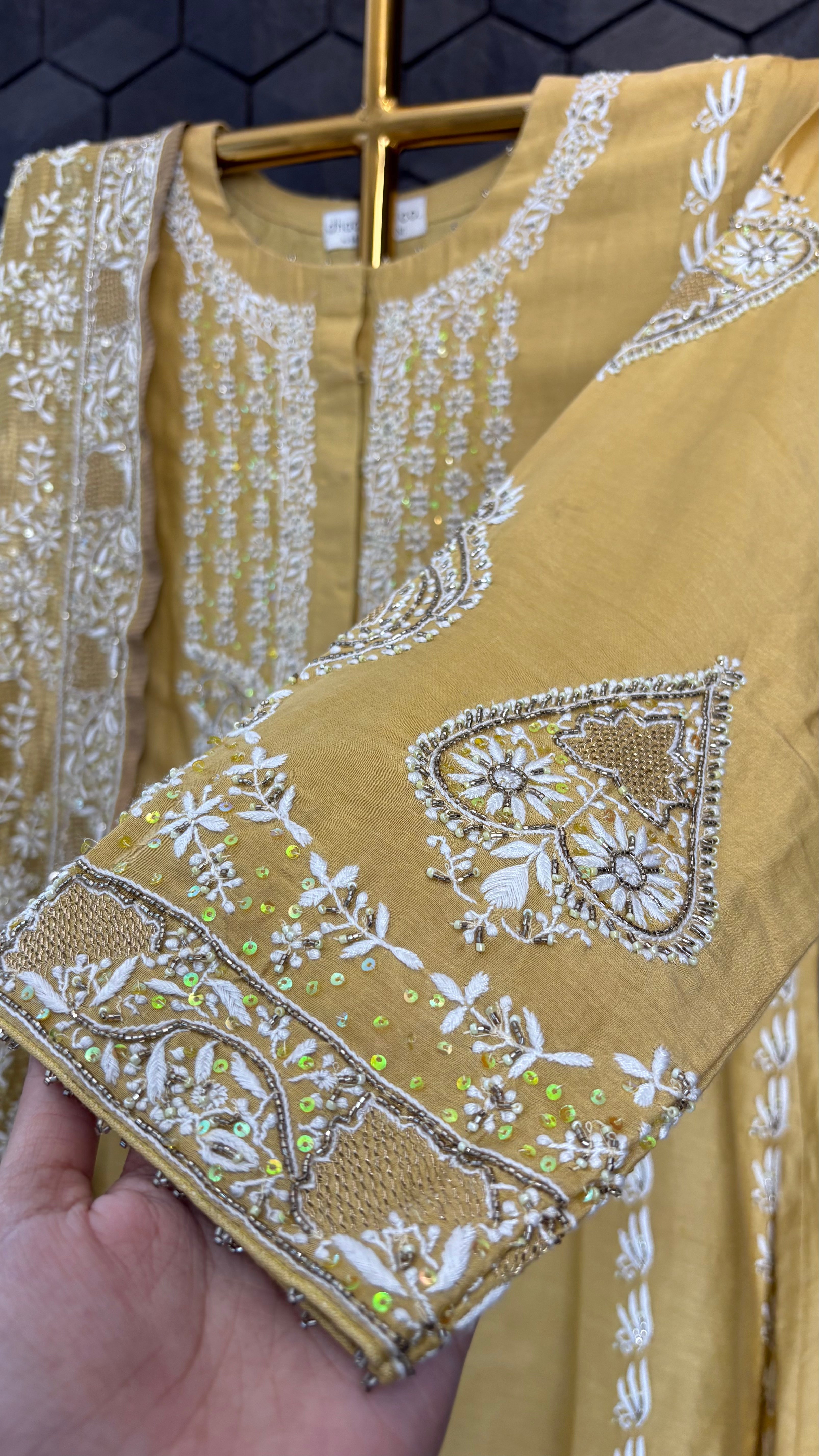 Mustard chanderi chikankari anarkali set