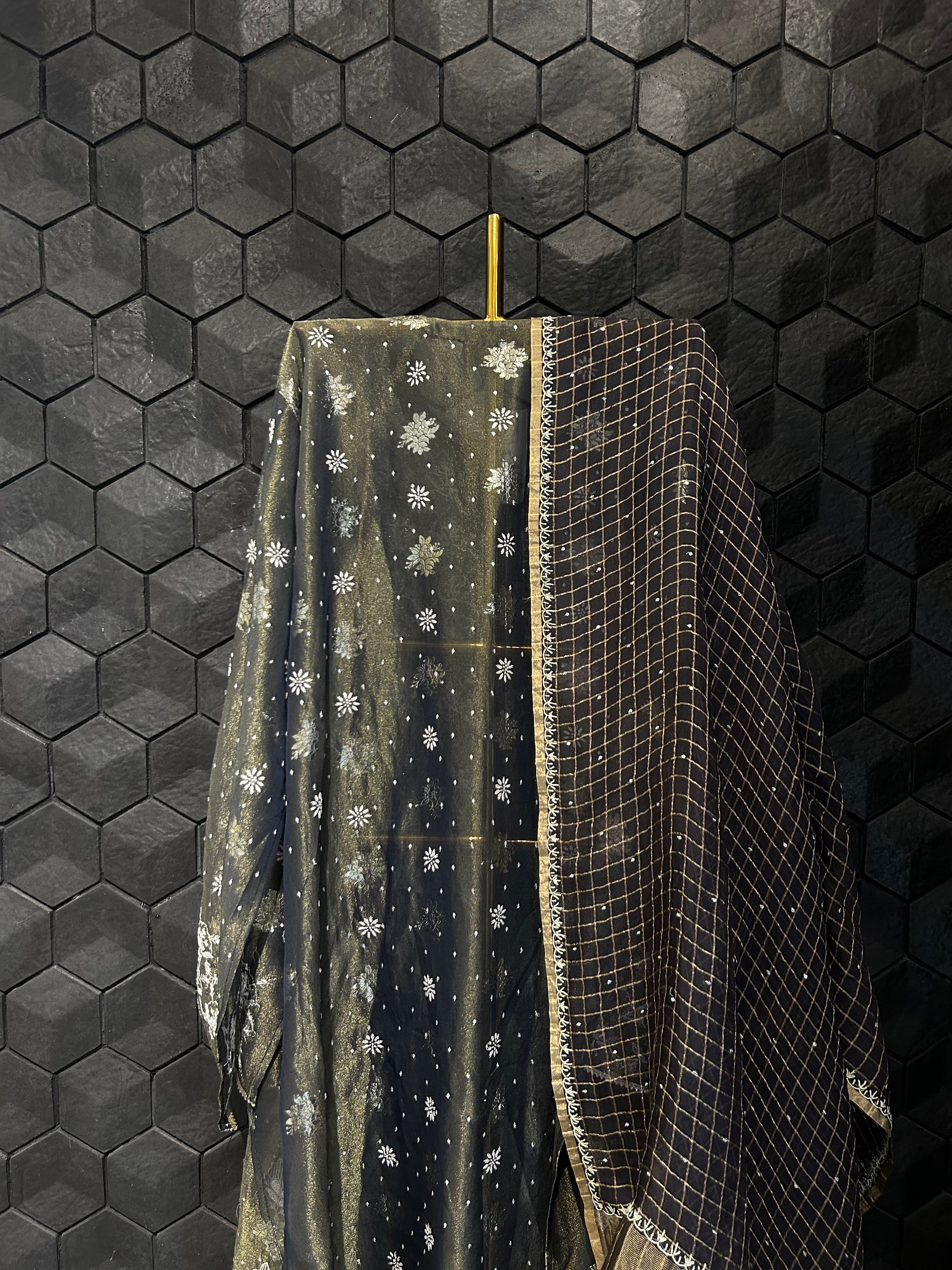 Black Shimmer Organza Chikankari Kurta Set