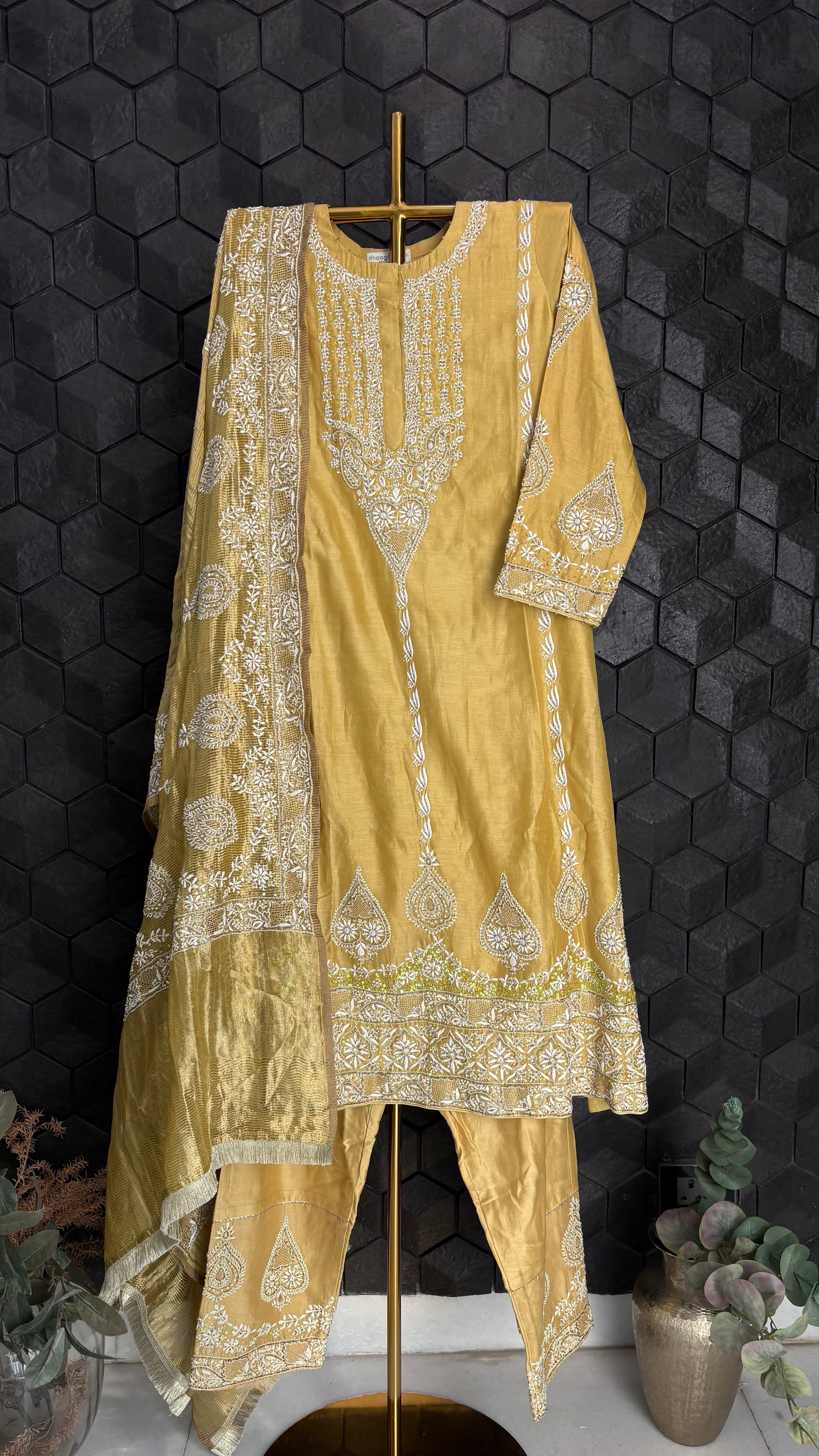 Mustard chanderi chikankari anarkali set