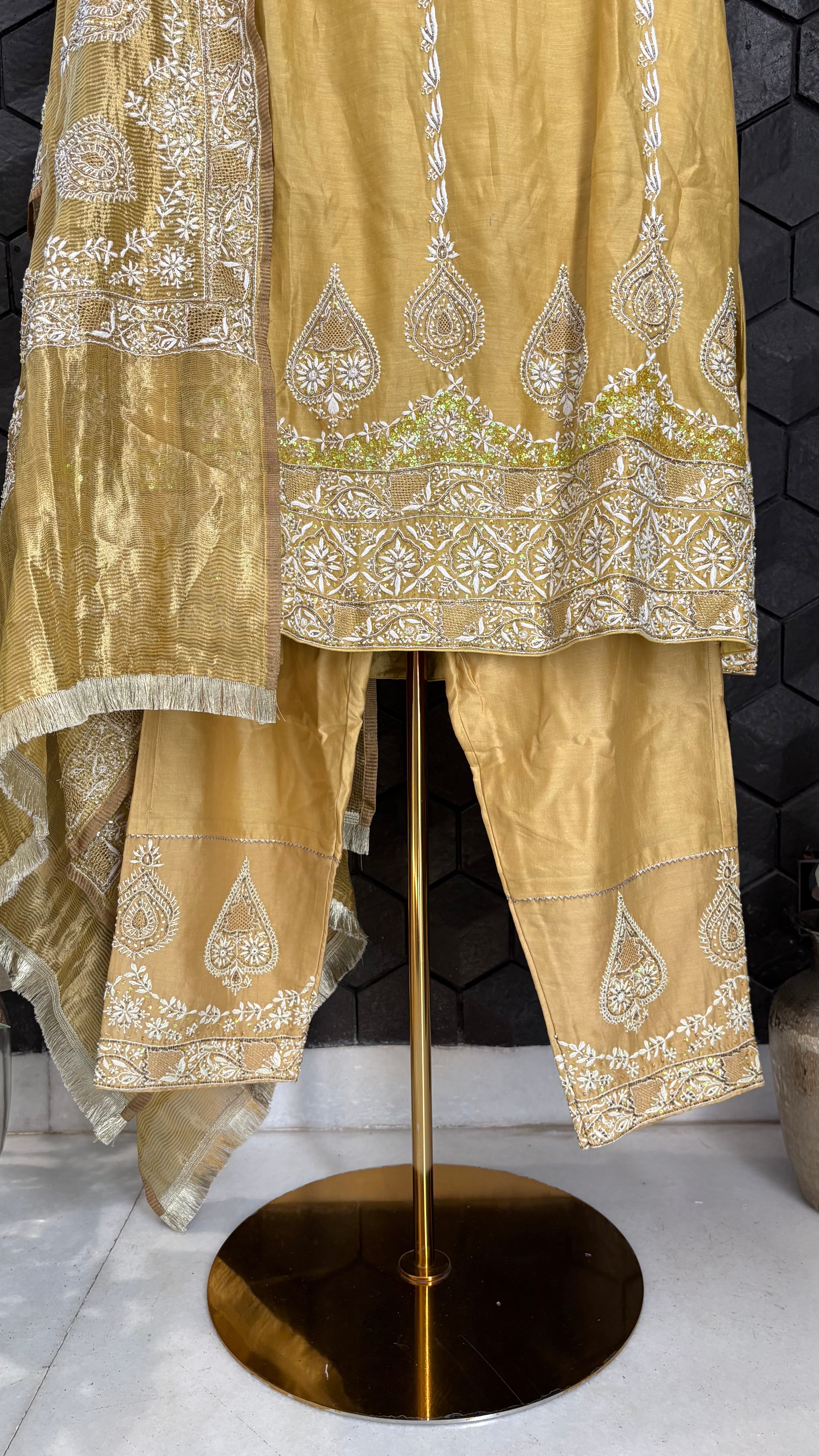 Mustard chanderi chikankari anarkali set