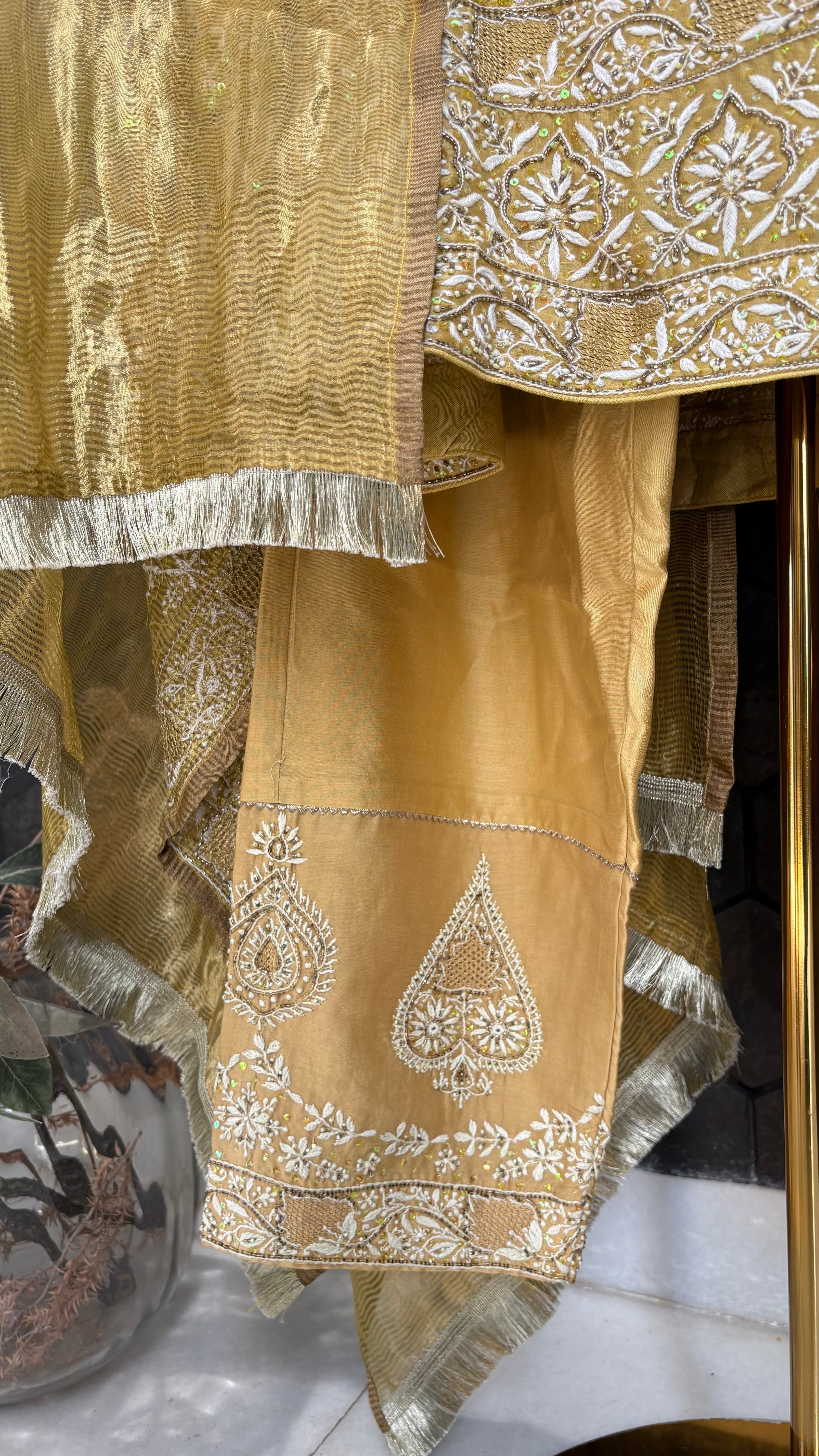 Mustard chanderi chikankari anarkali set