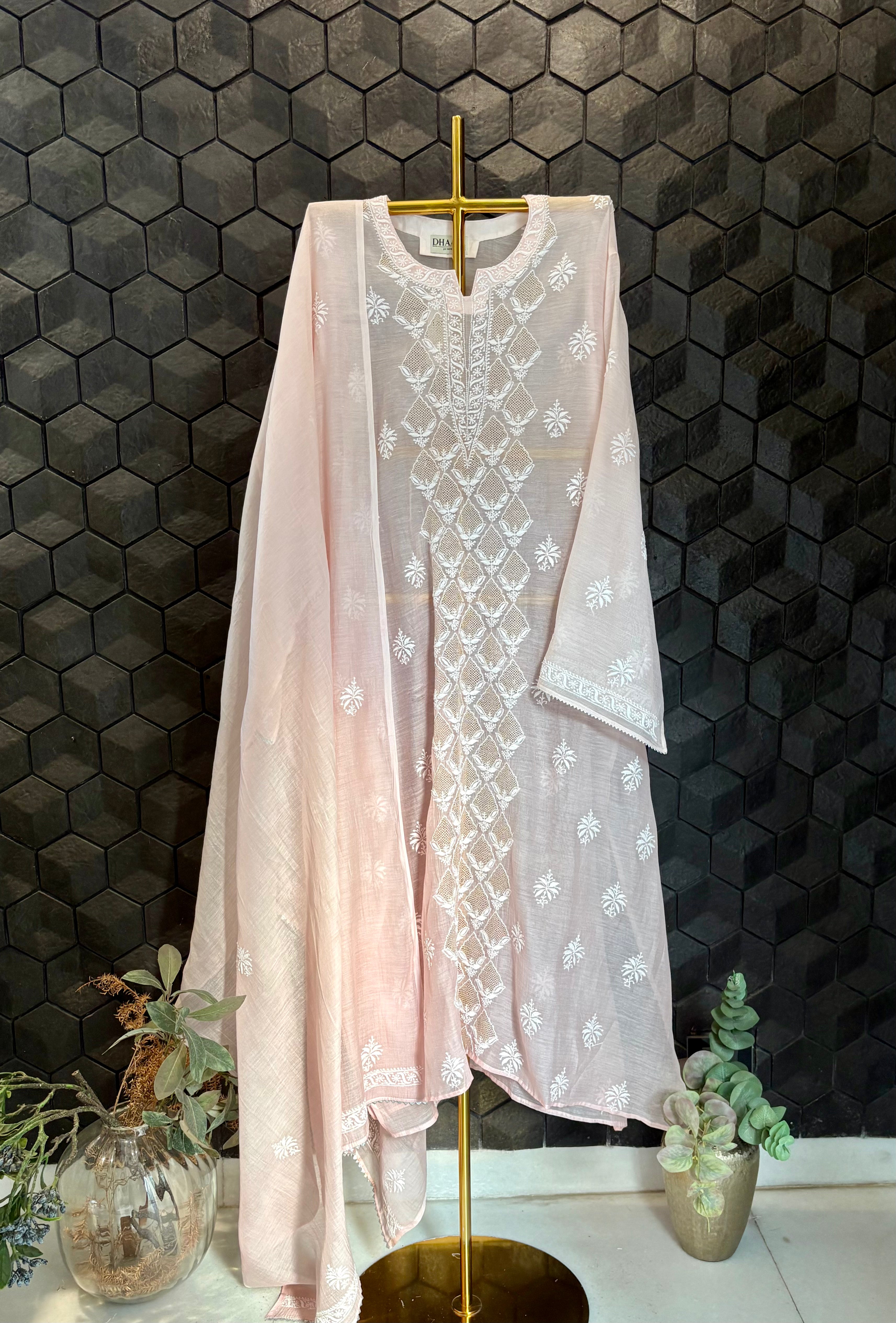 Pink mul chanderi chikankari kurta set