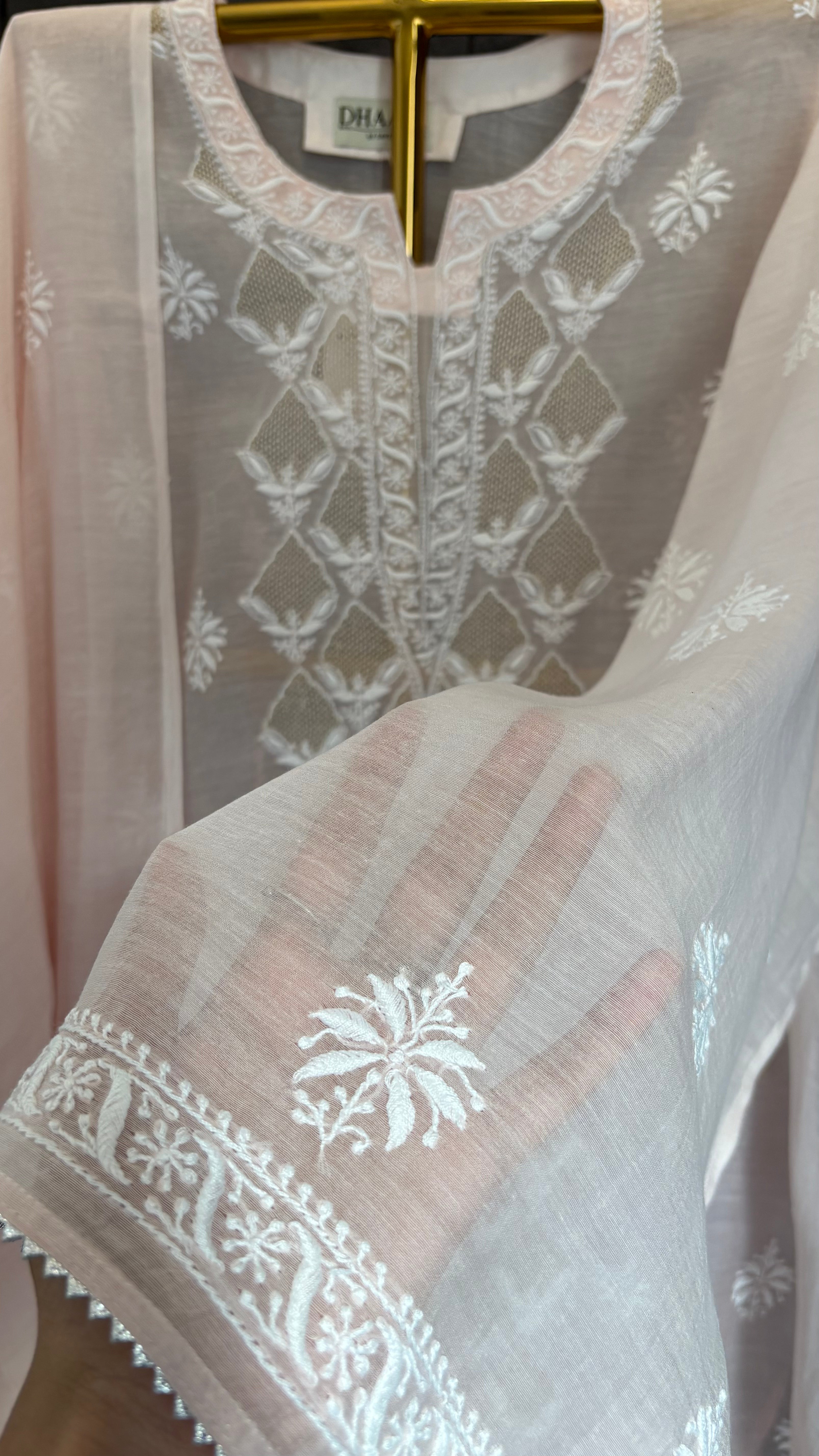 Pink mul chanderi chikankari kurta set