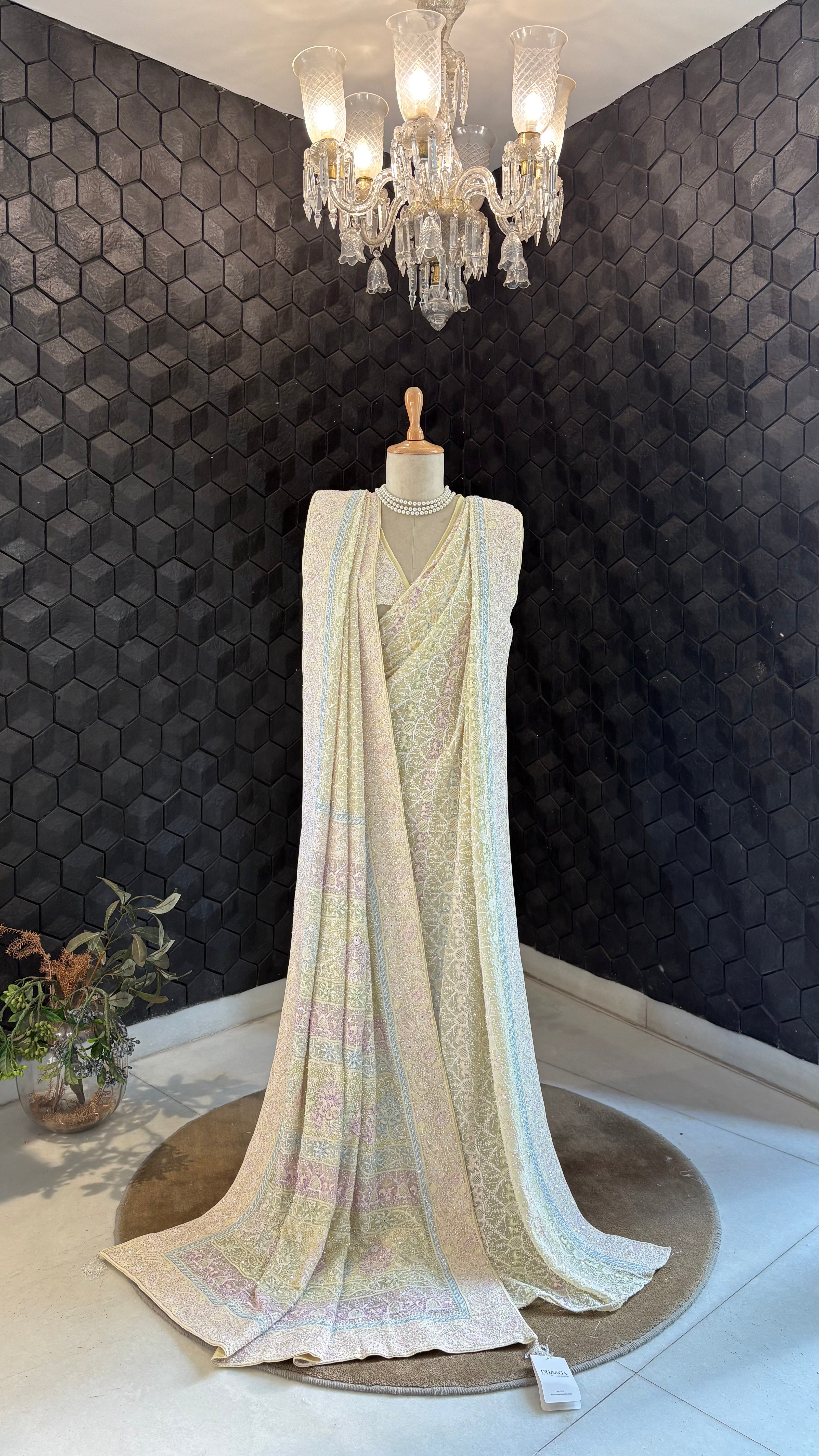 Yellow georgette ek-taar chikankari Saree