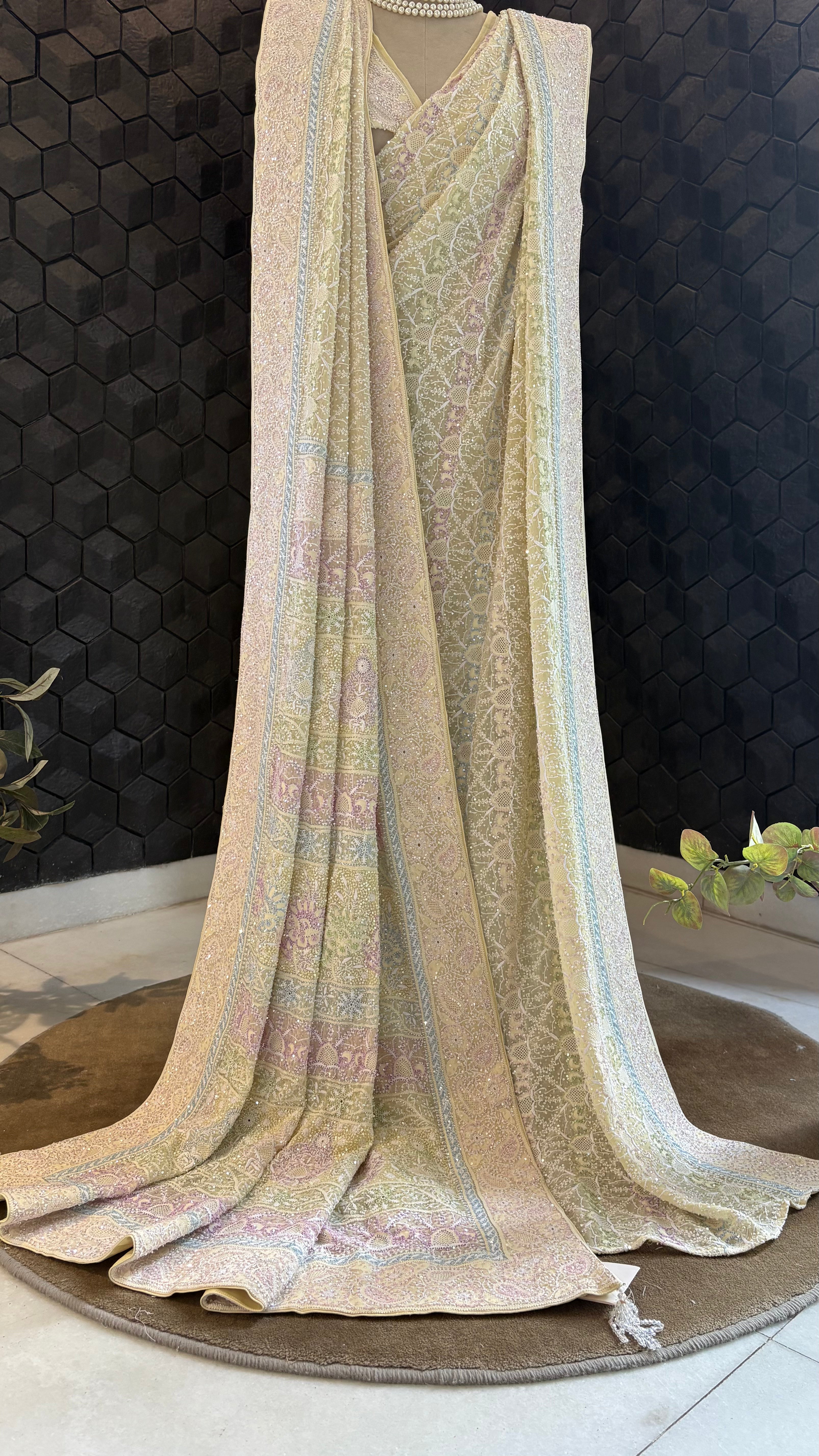 Yellow georgette ek-taar chikankari Saree
