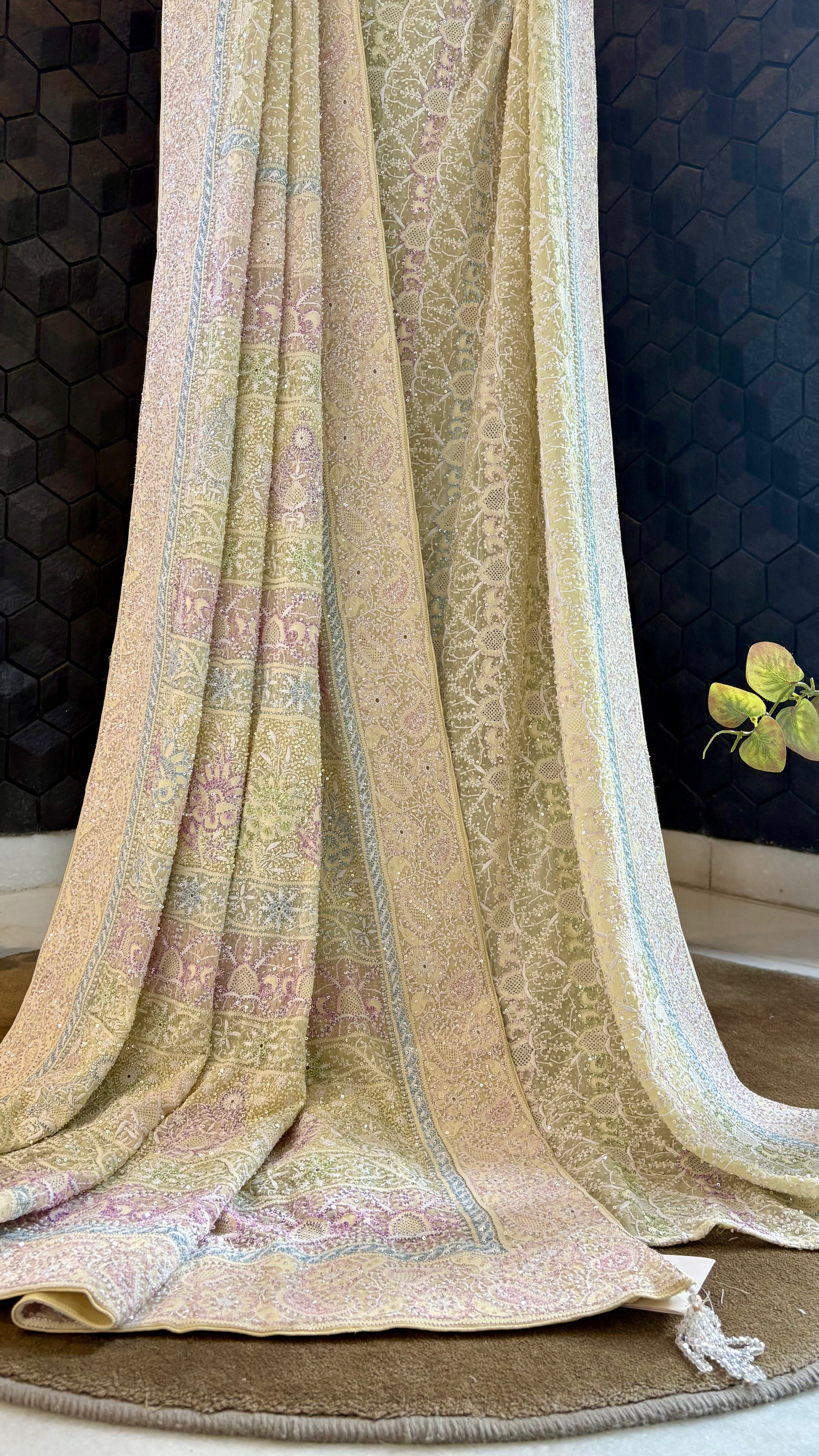 Yellow georgette ek-taar chikankari Saree