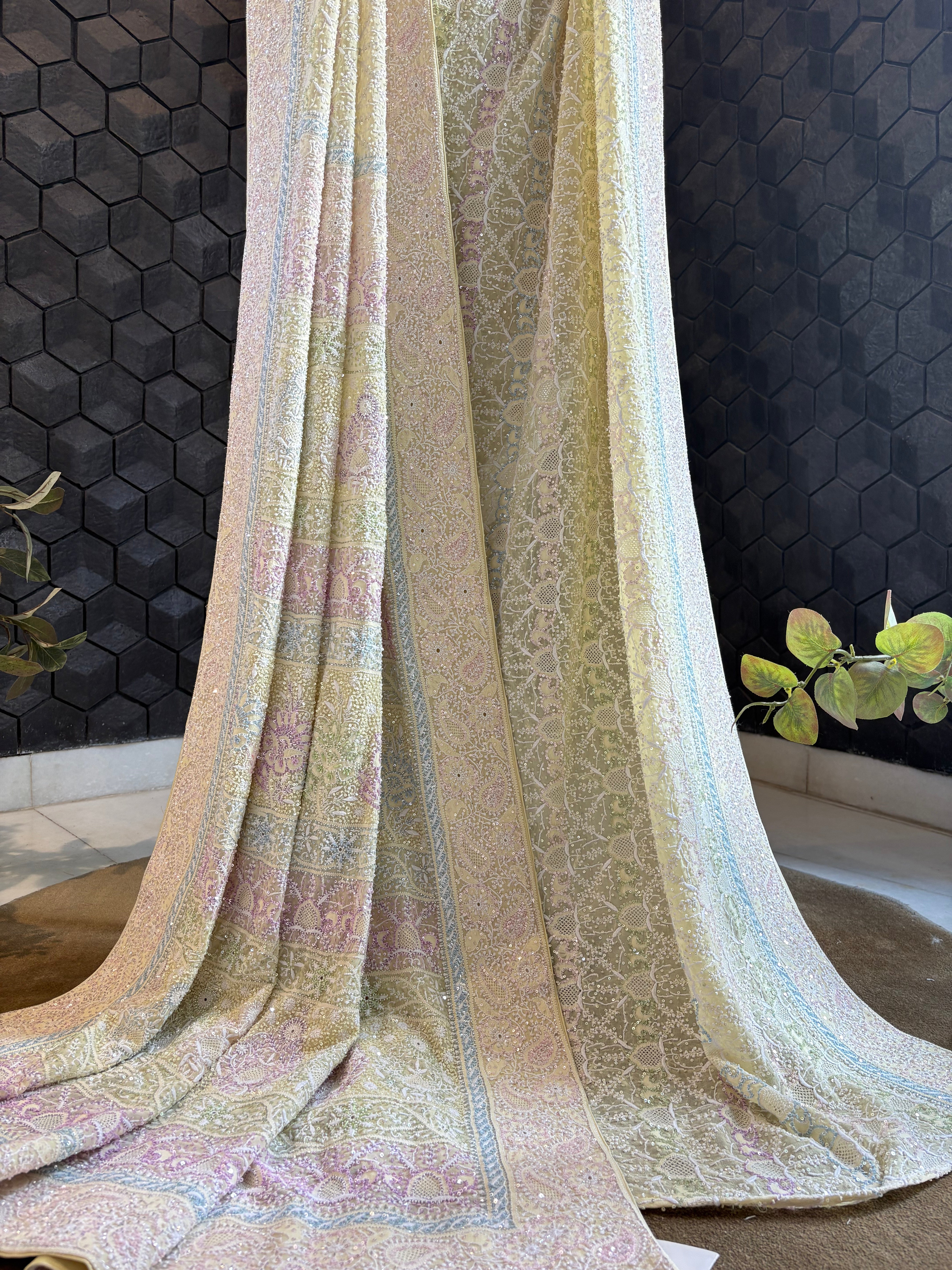 Yellow georgette ek-taar chikankari Saree
