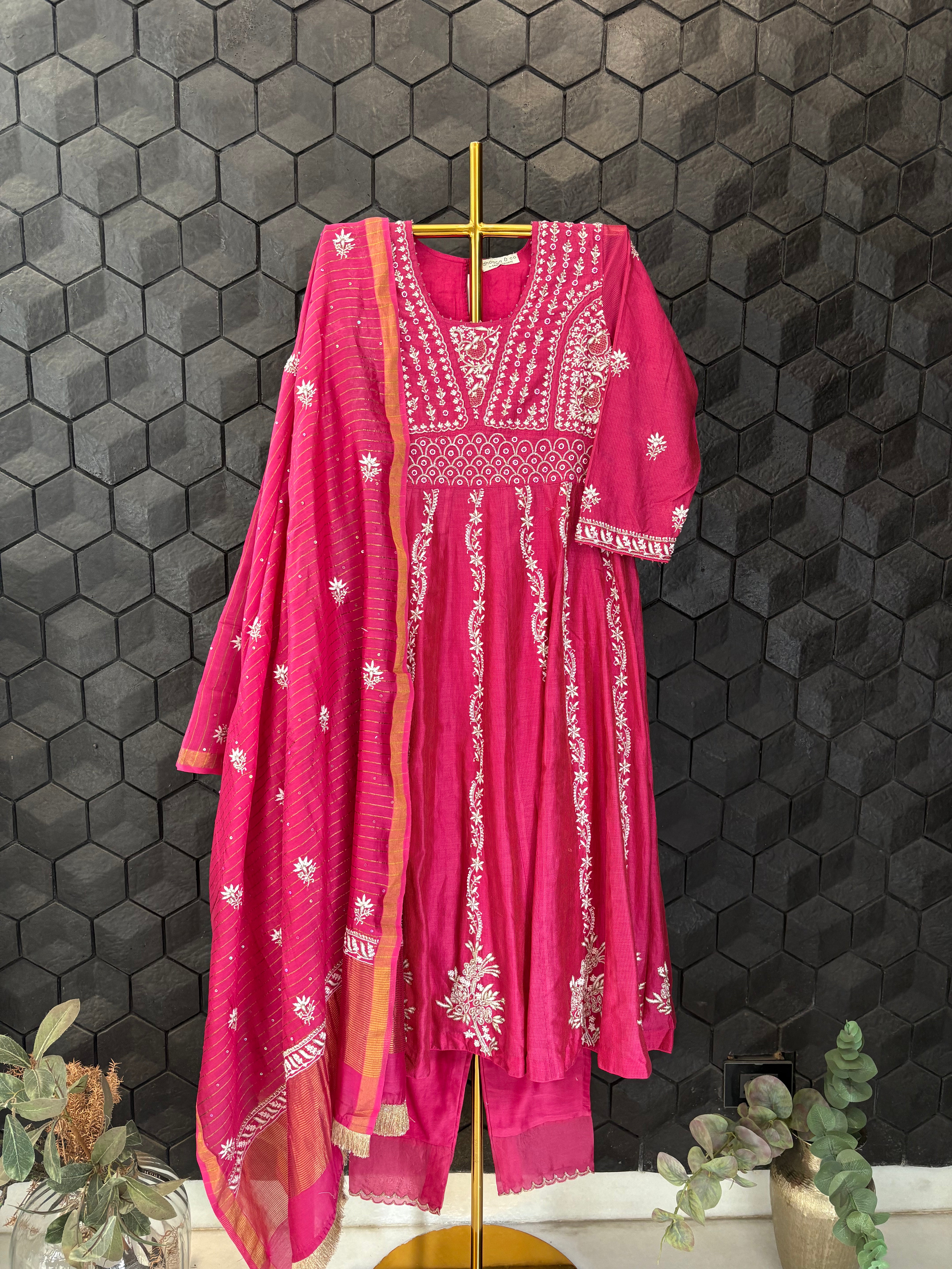 Hot pink Chanderi Chikankari Anarkali Set
