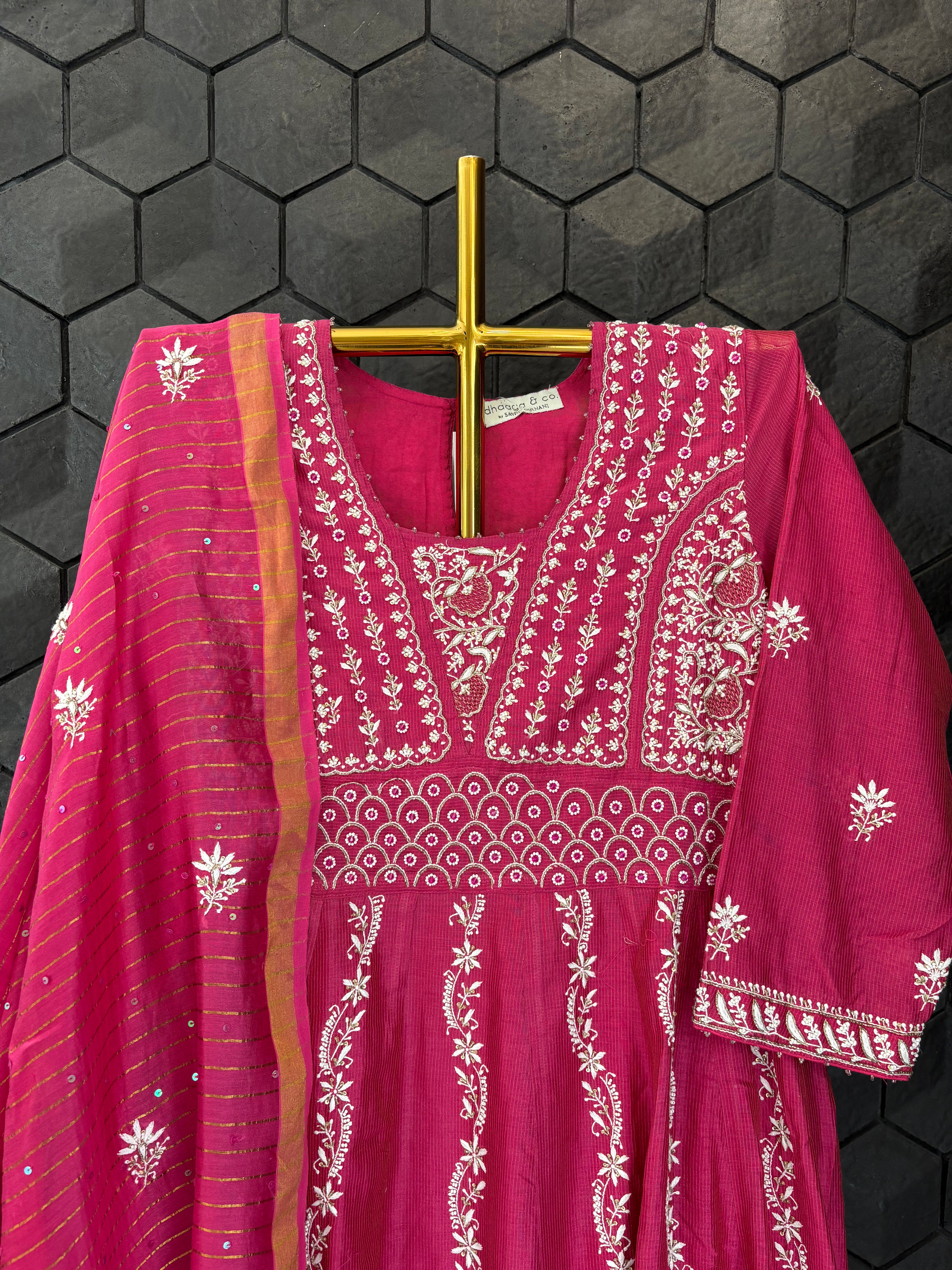 Hot pink Chanderi Chikankari Anarkali Set
