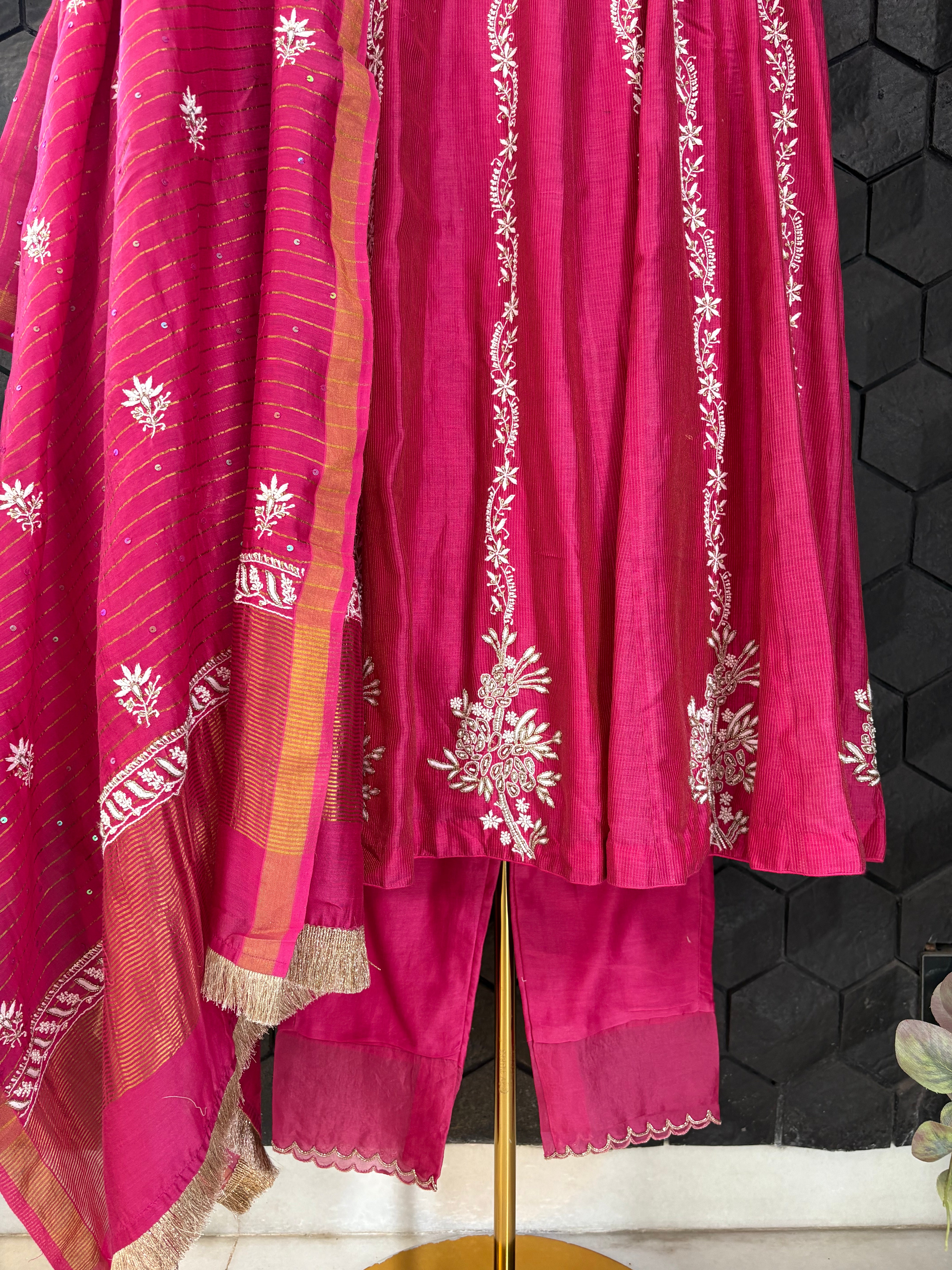 Hot pink Chanderi Chikankari Anarkali Set