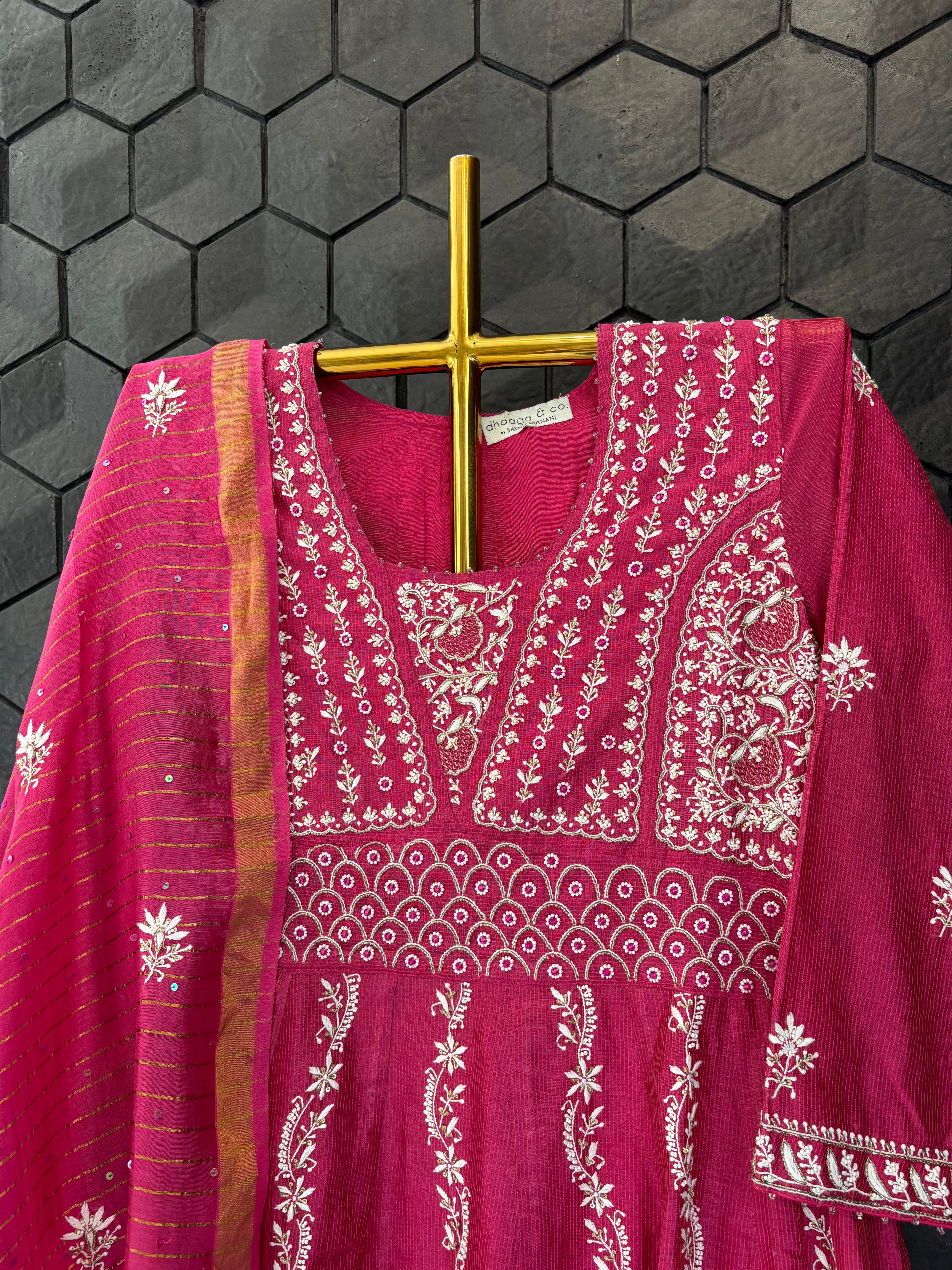 Hot pink Chanderi Chikankari Anarkali Set