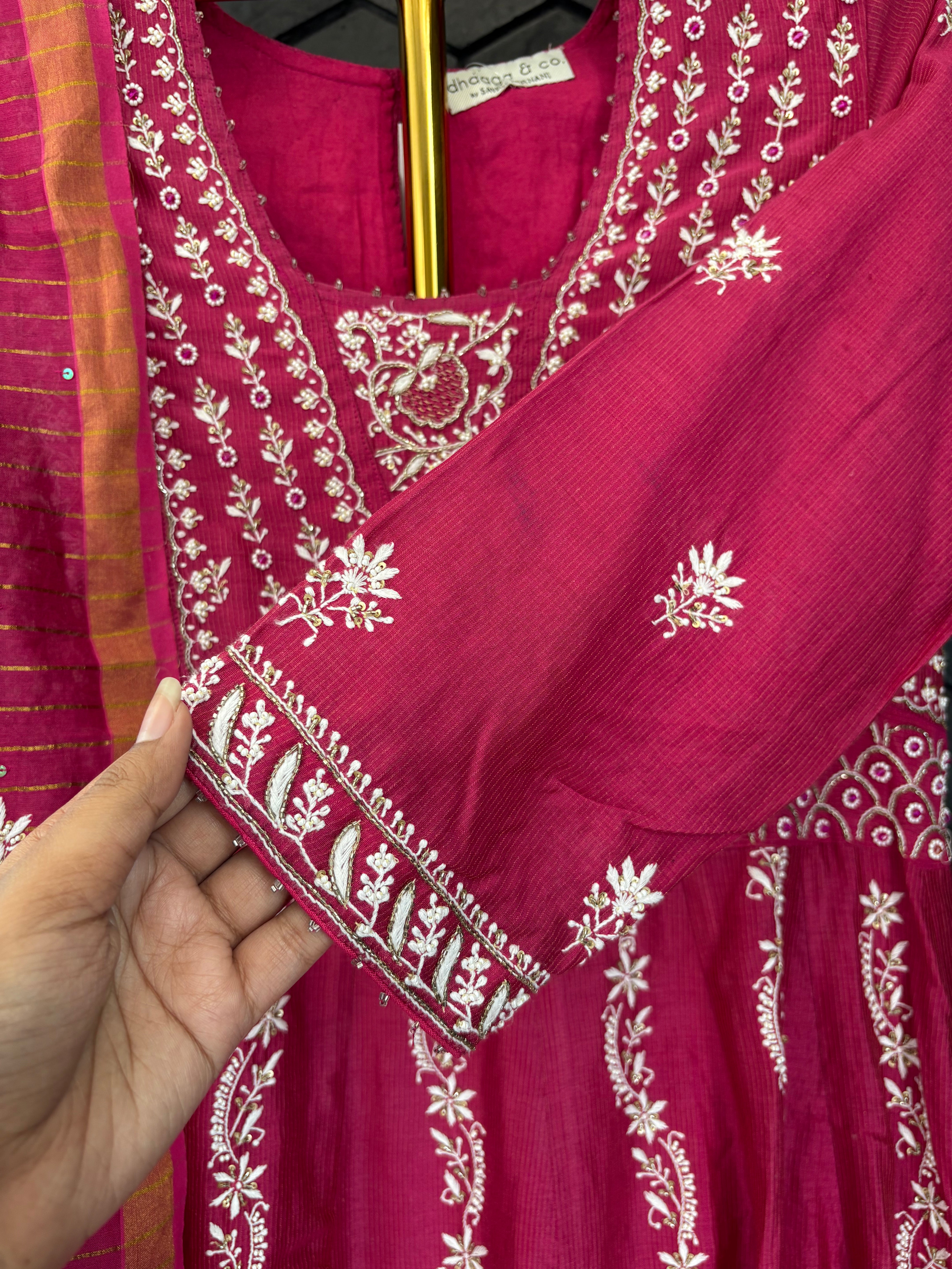 Hot pink Chanderi Chikankari Anarkali Set