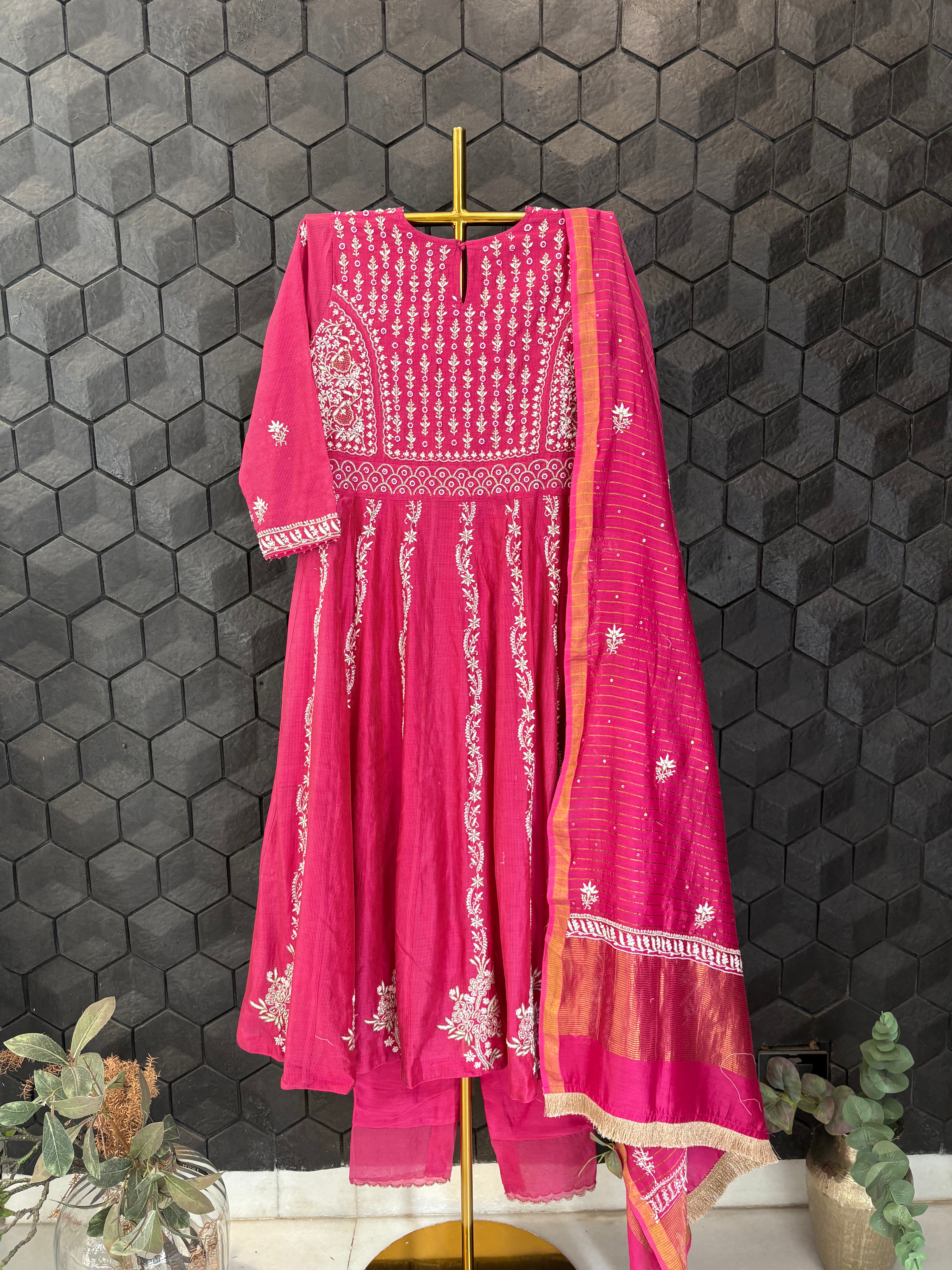 Hot pink Chanderi Chikankari Anarkali Set
