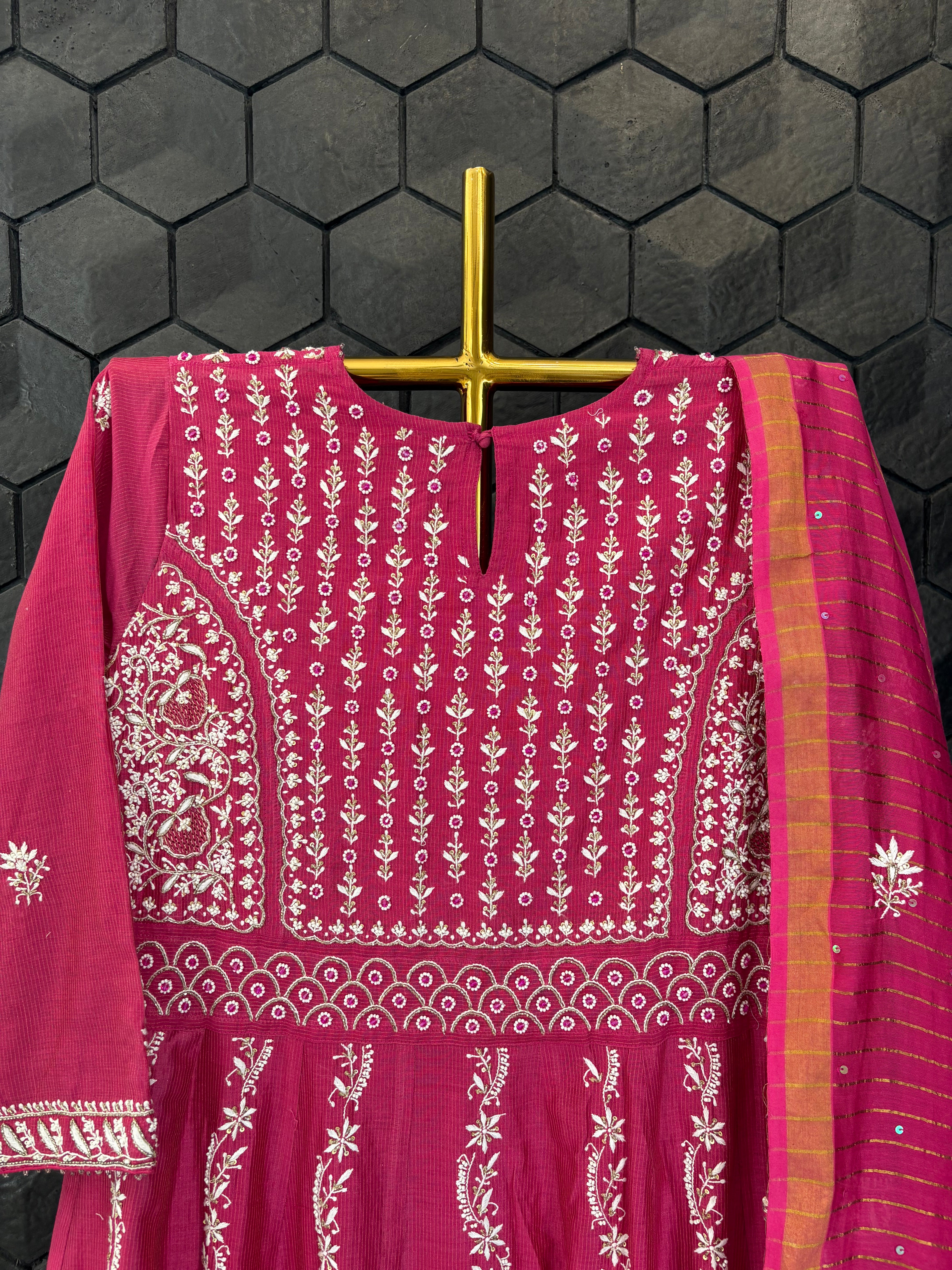 Hot pink Chanderi Chikankari Anarkali Set