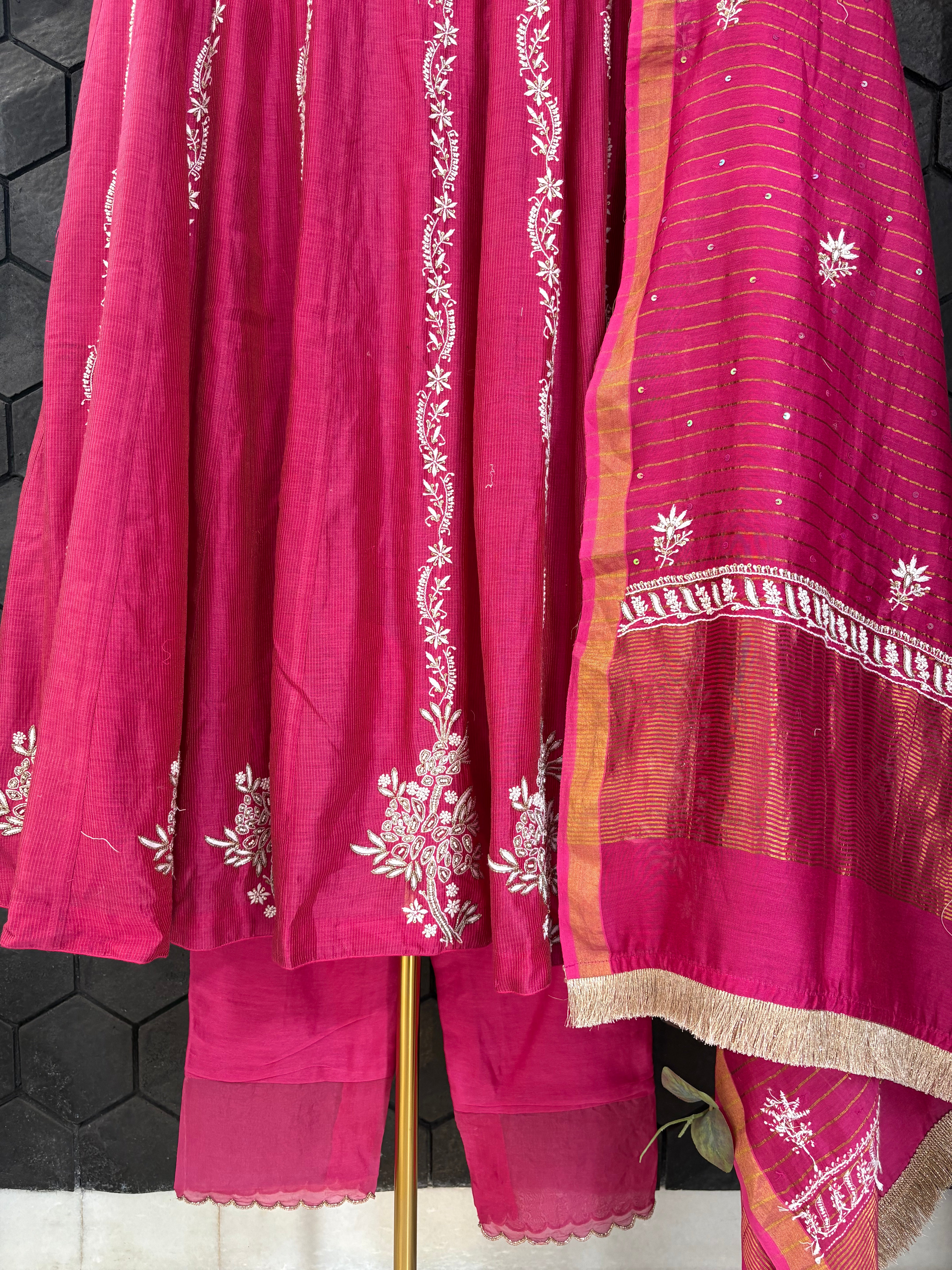 Hot pink Chanderi Chikankari Anarkali Set