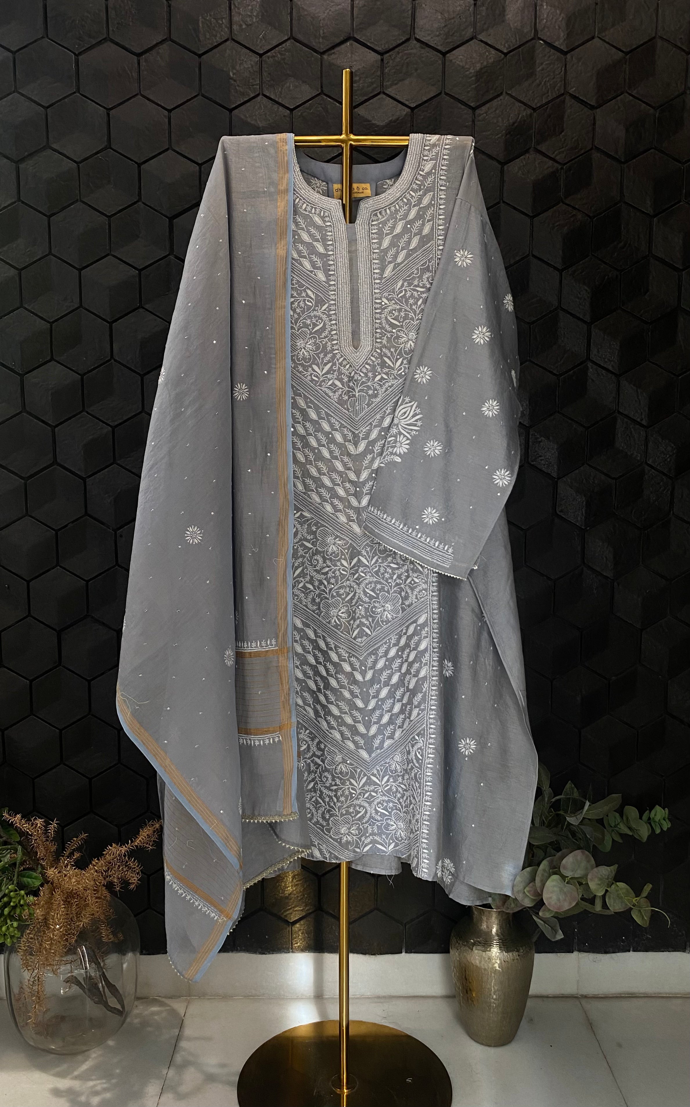Grey Tissue Chikankari Kurta Set