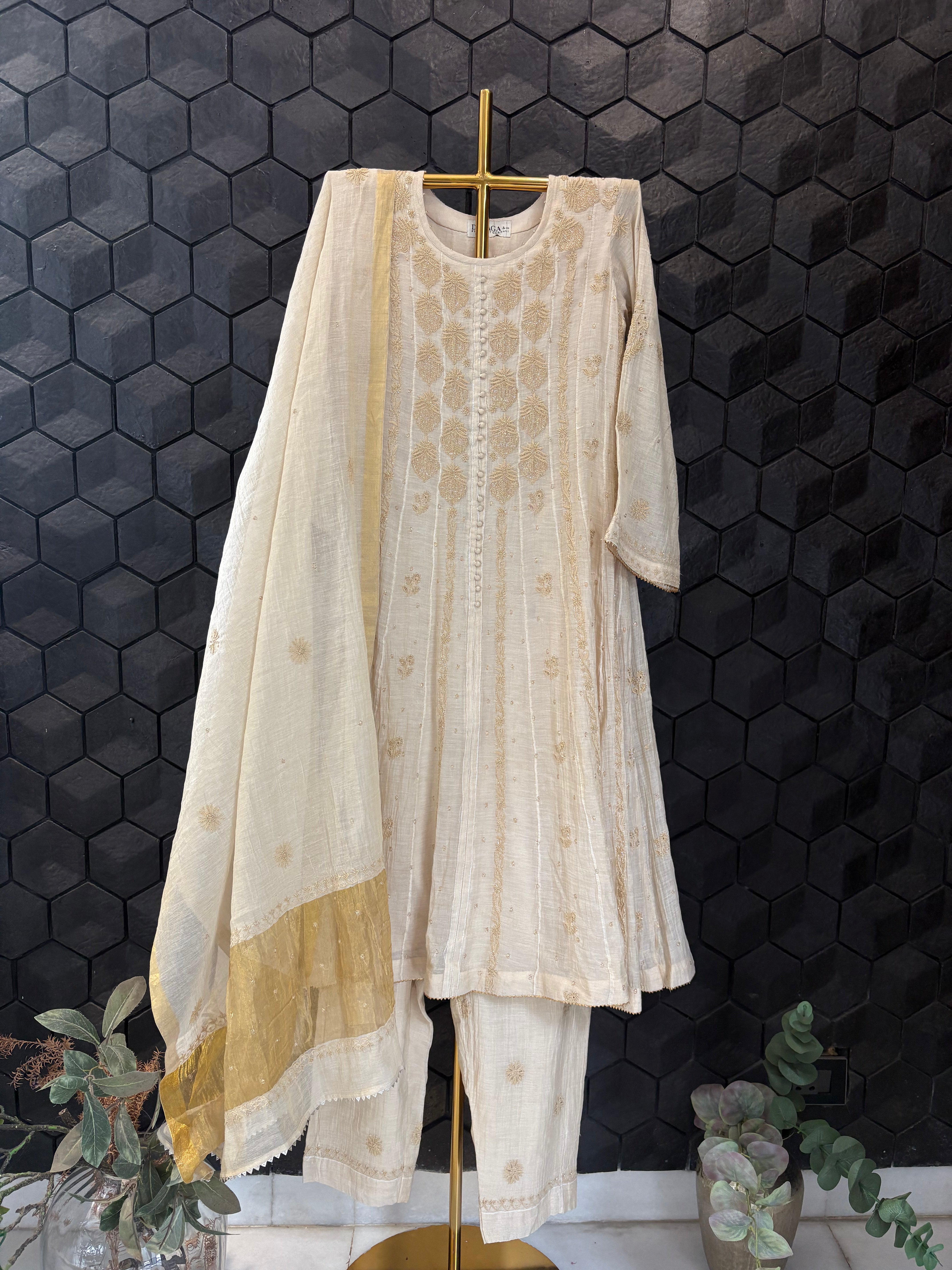Golden Tissue Chikankari Anarkali Set