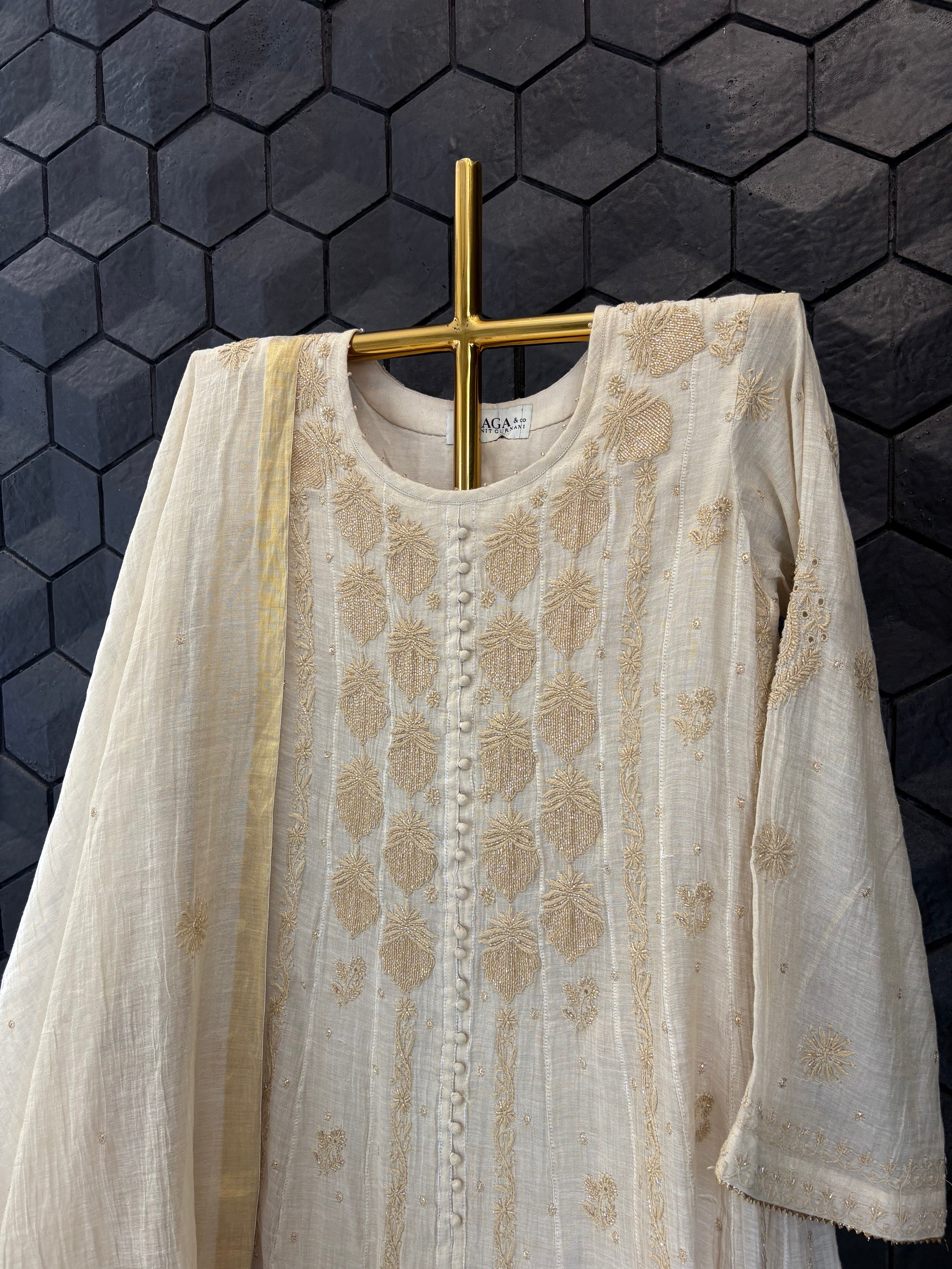 Golden Tissue Chikankari Anarkali Set