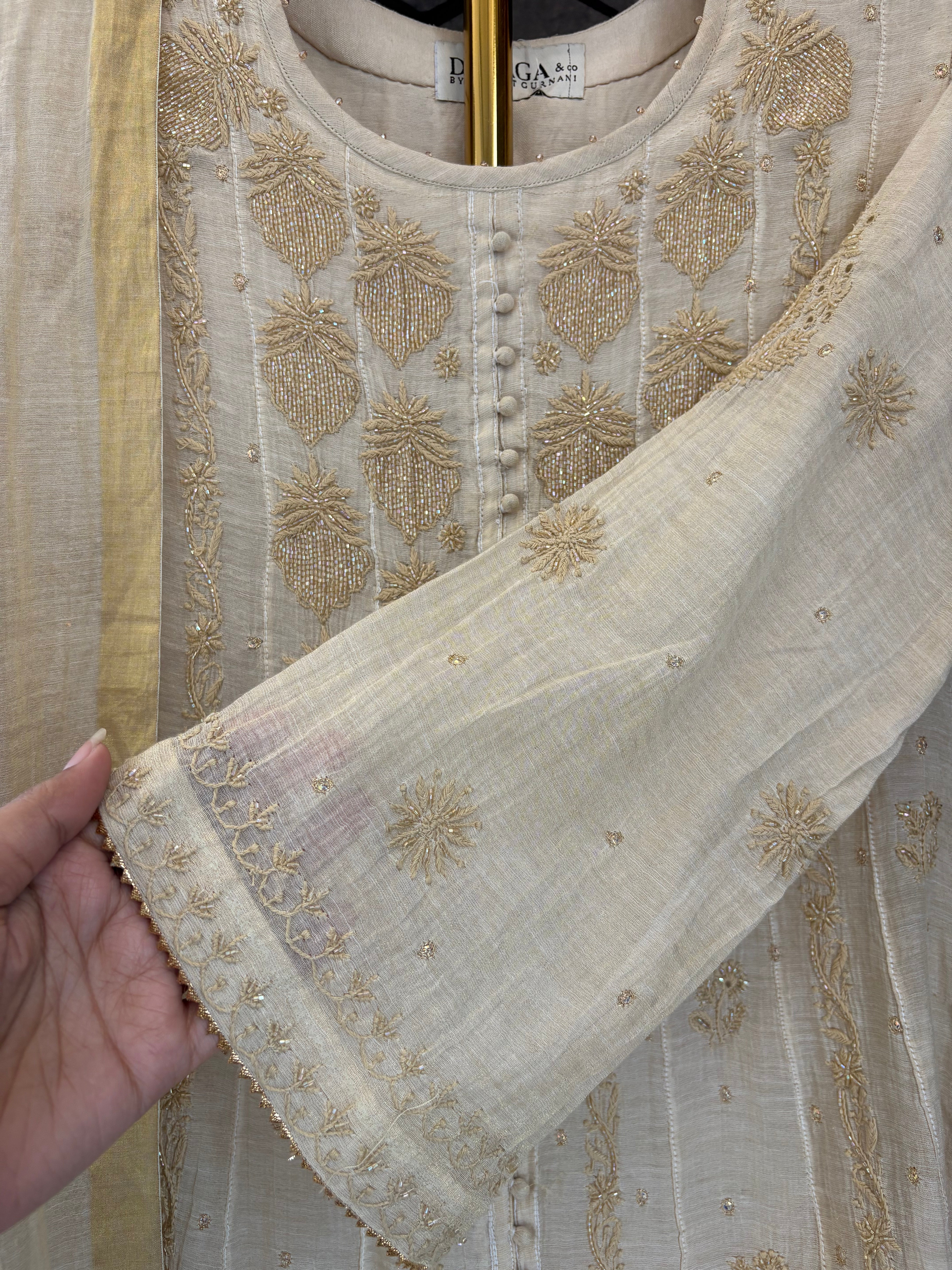 Golden Tissue Chikankari Anarkali Set