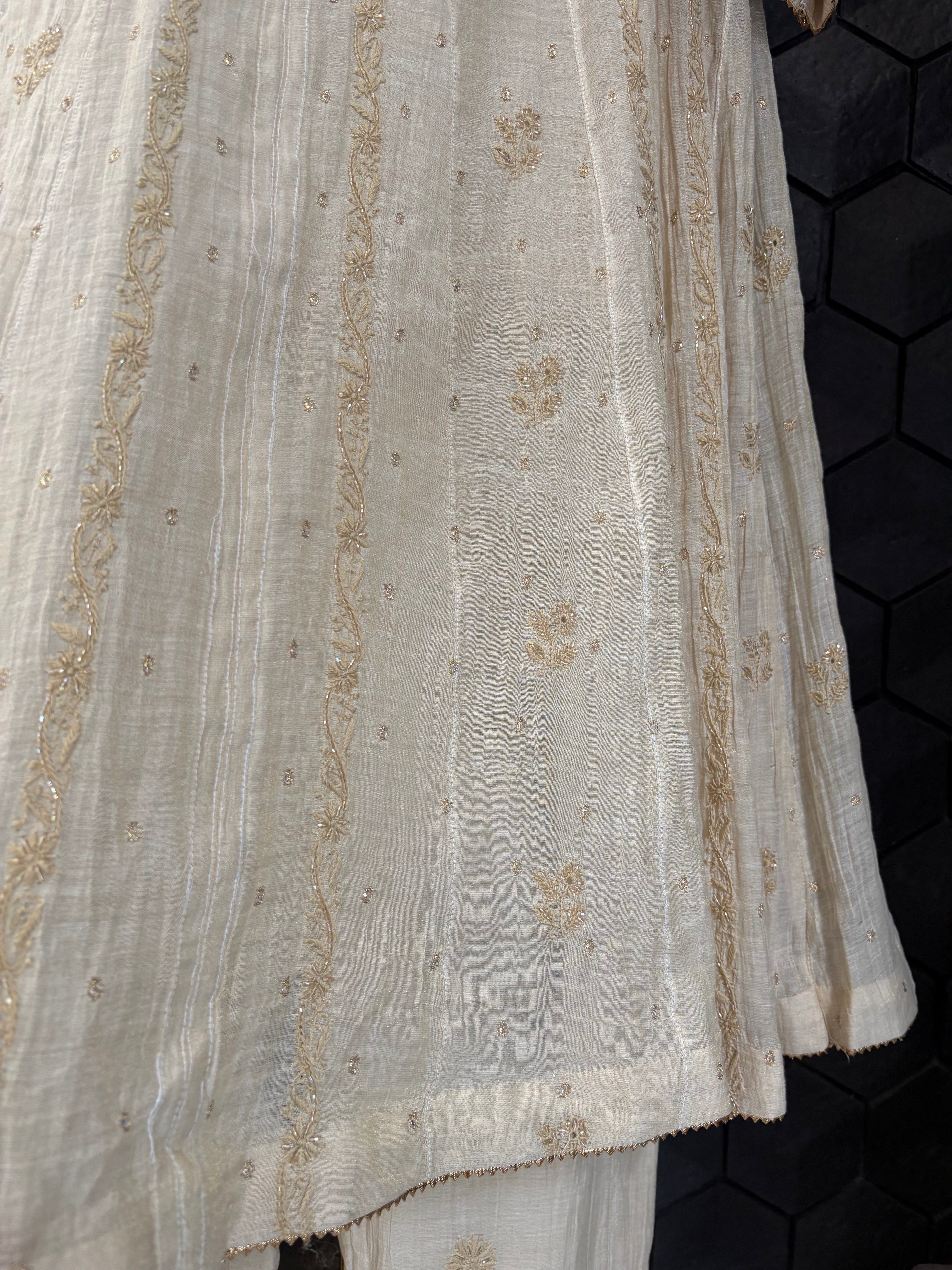 Golden Tissue Chikankari Anarkali Set
