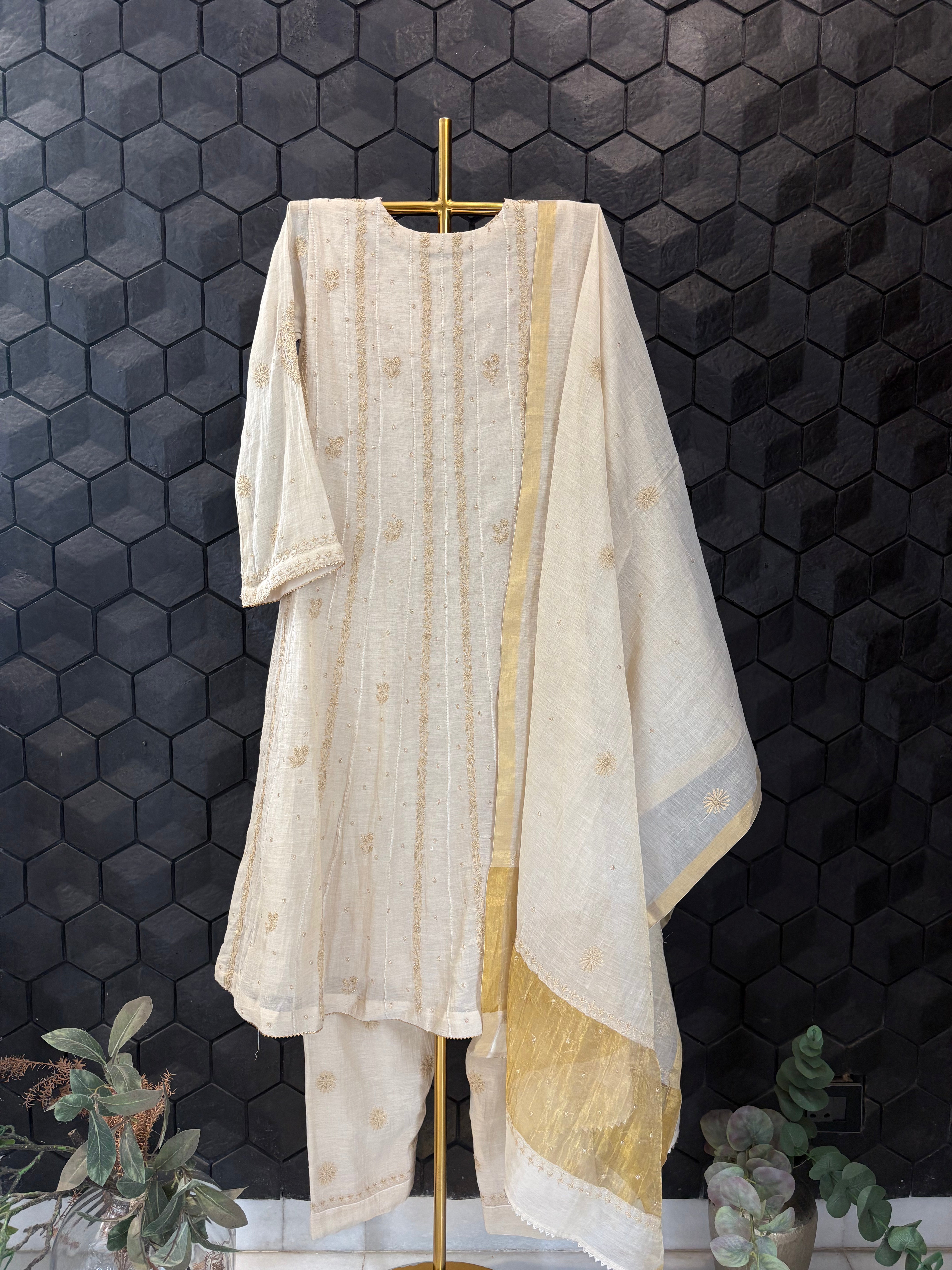 Golden Tissue Chikankari Anarkali Set
