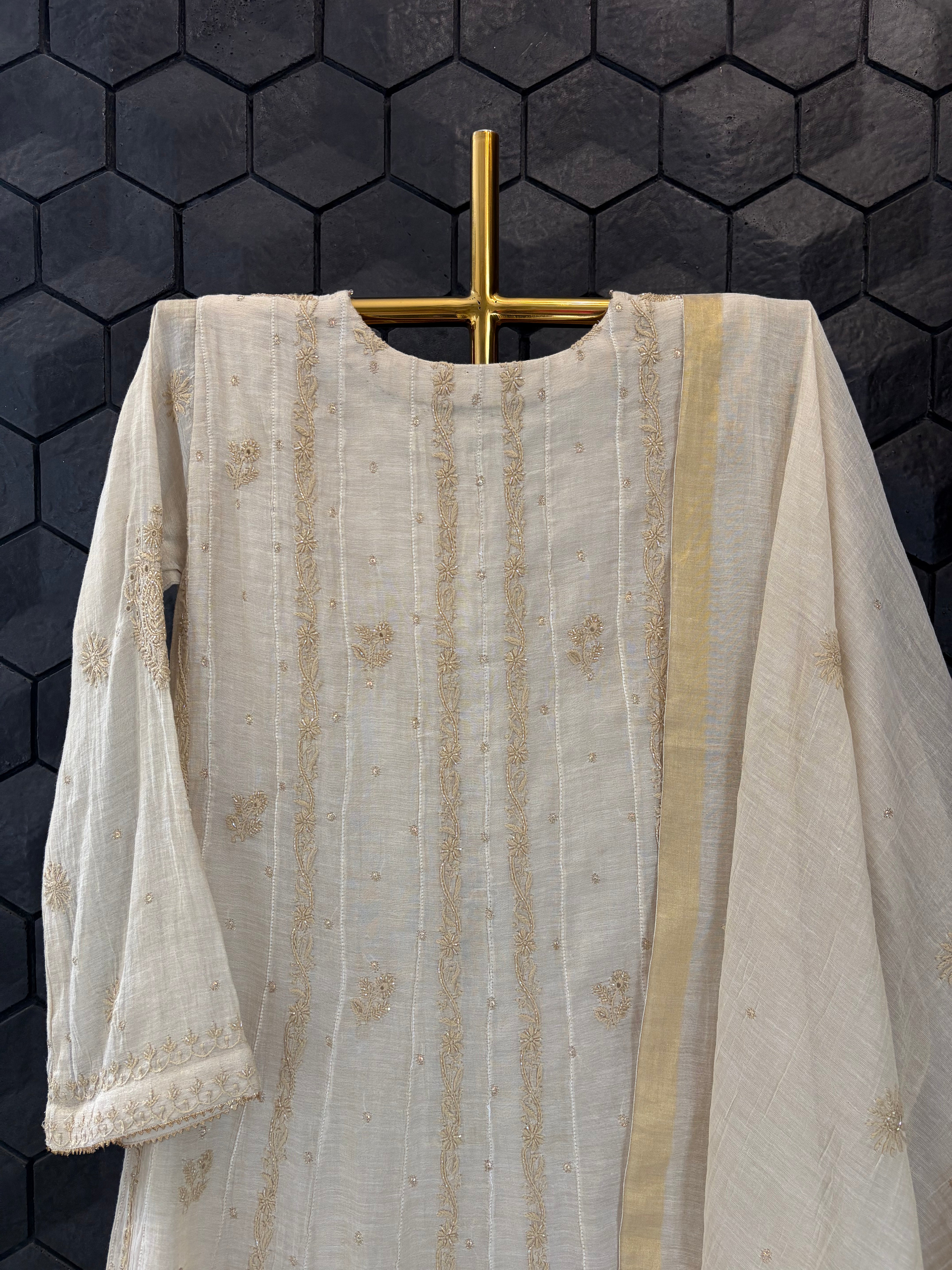 Golden Tissue Chikankari Anarkali Set