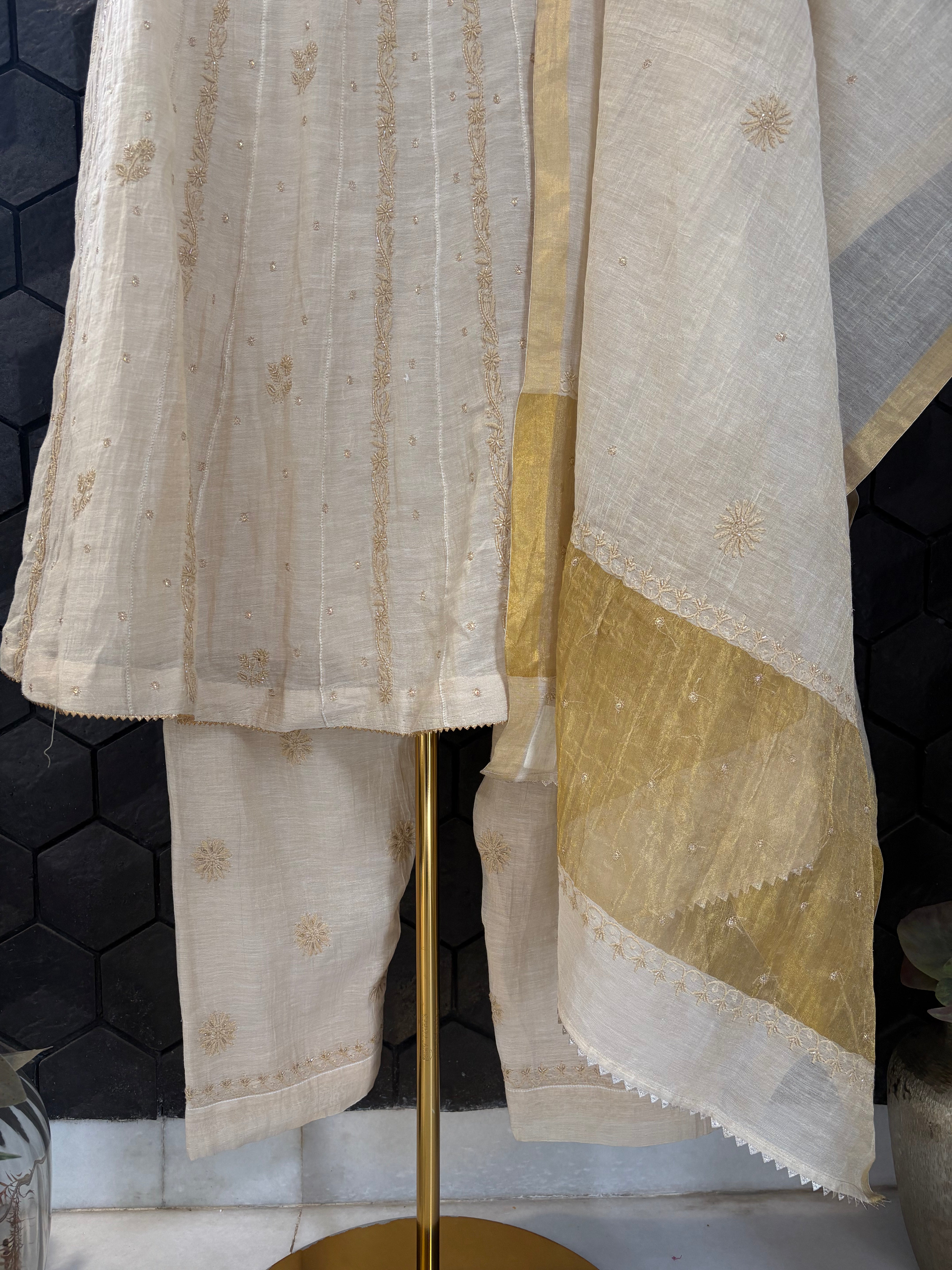Golden Tissue Chikankari Anarkali Set