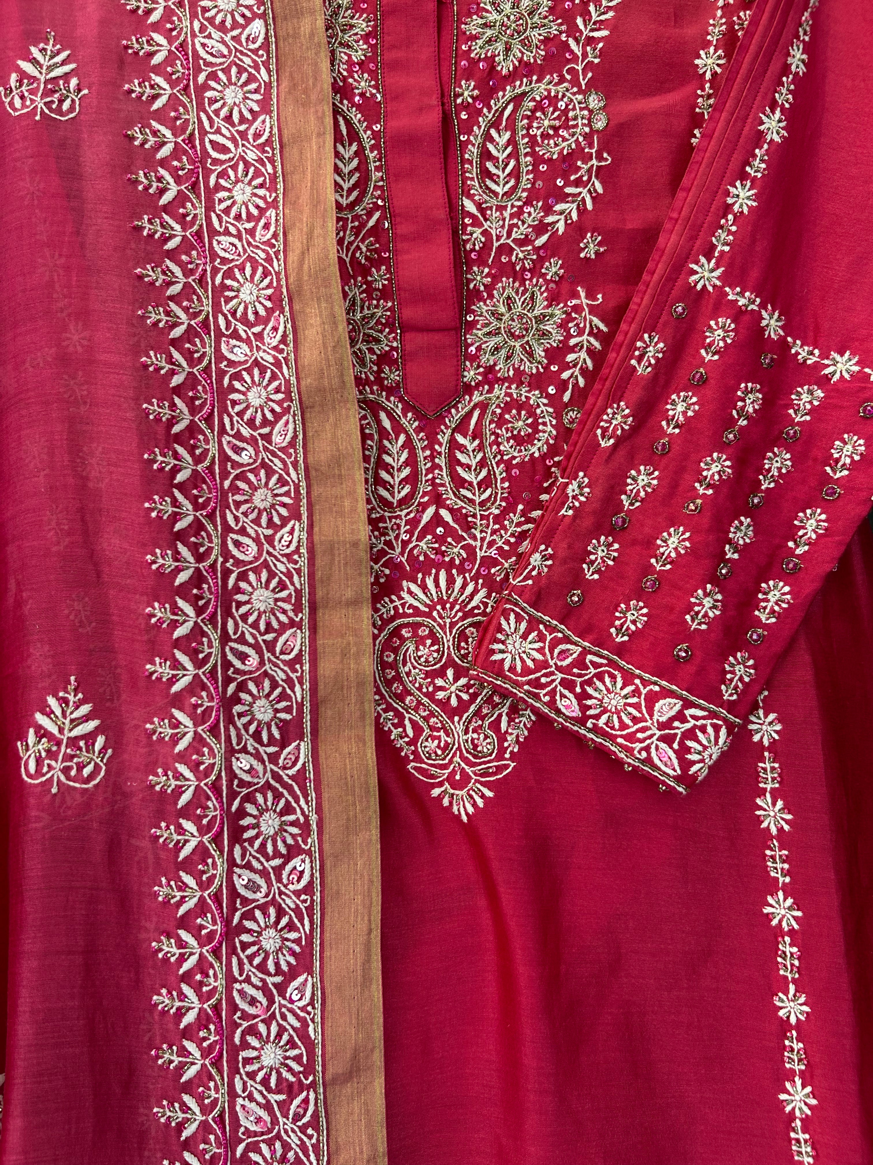 Fuschia Chanderi Chikankari Anarkali Set