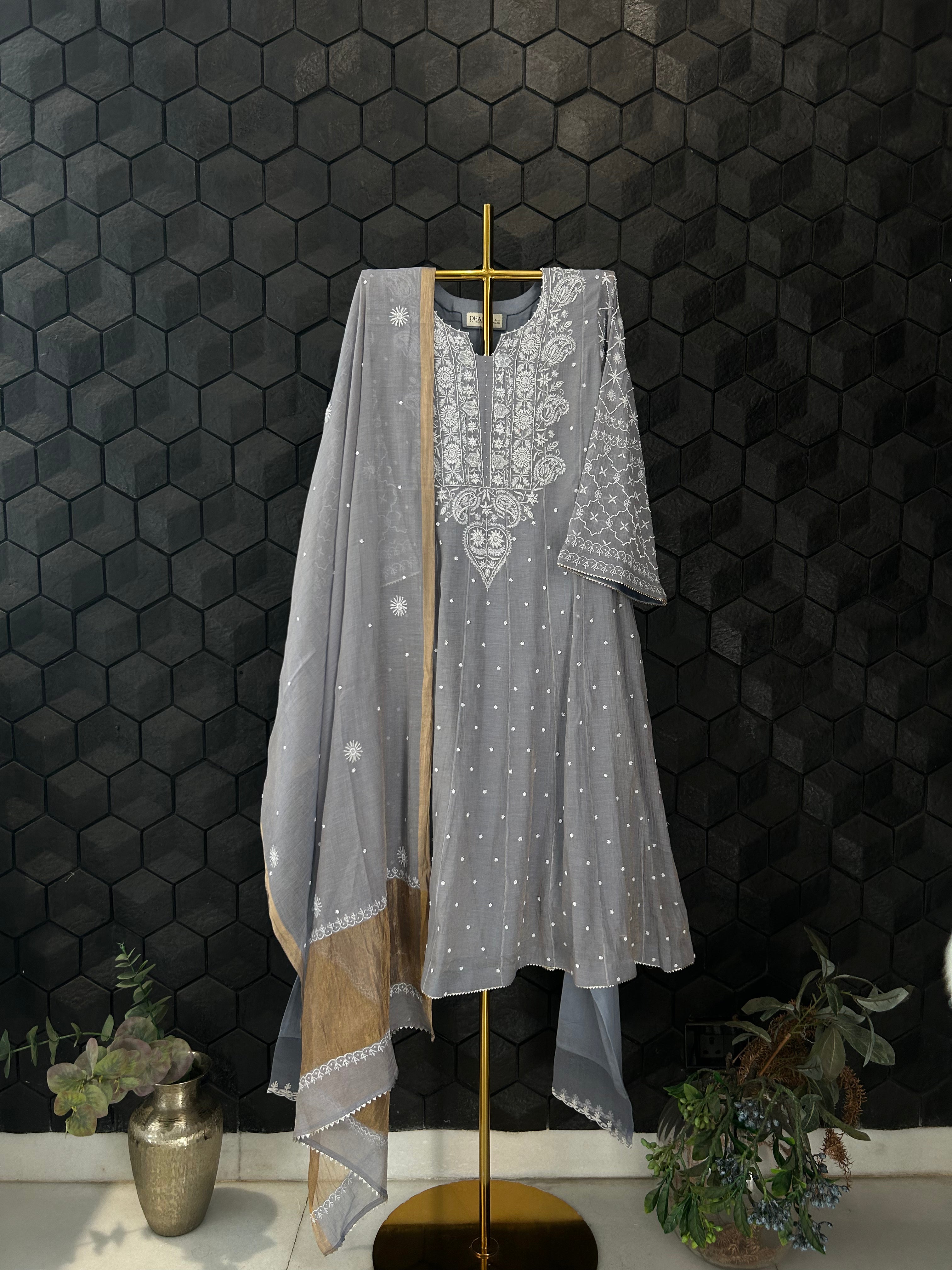 Grey Golden Tissue Chikankari Suit Set