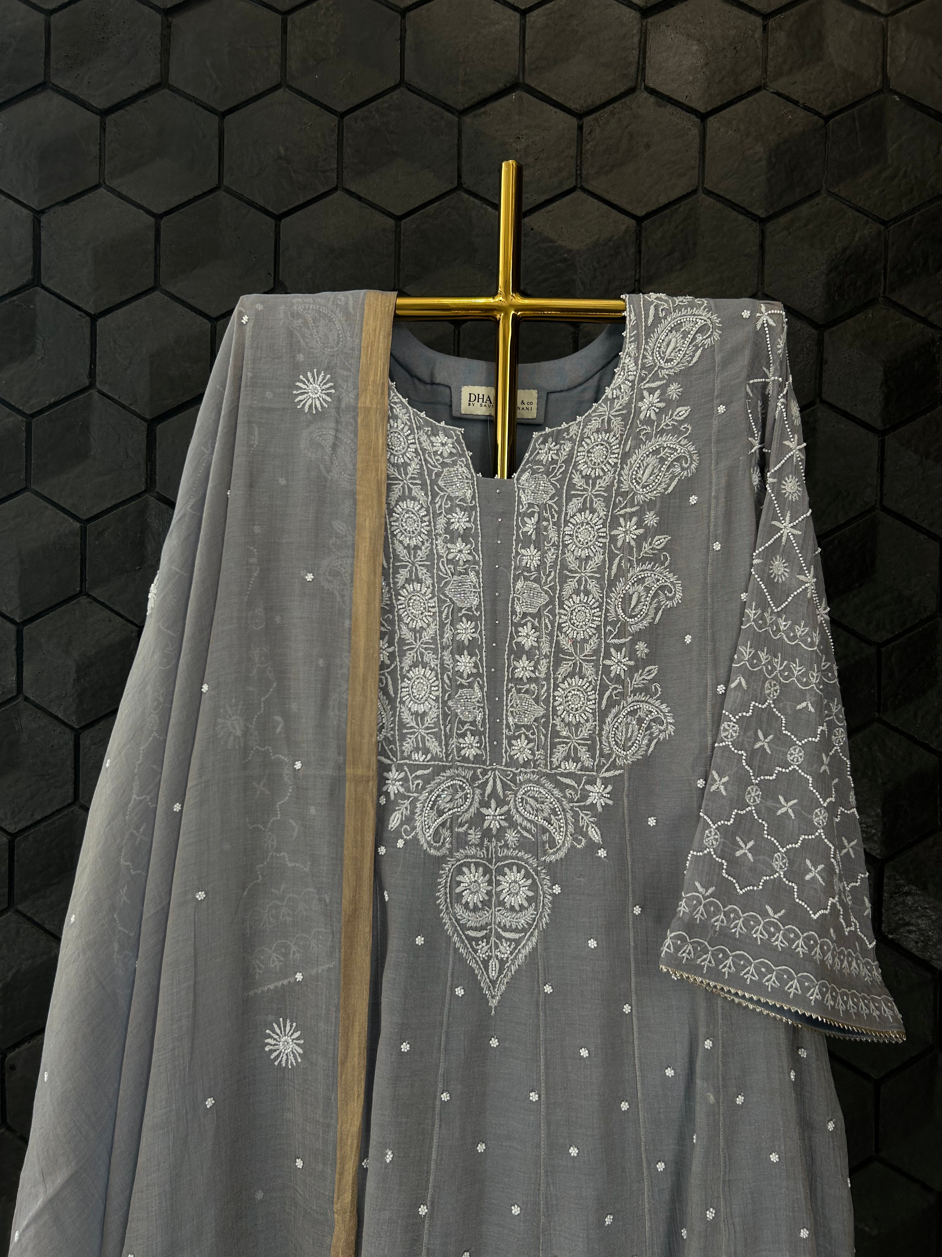 Grey Golden Tissue Chikankari Suit Set