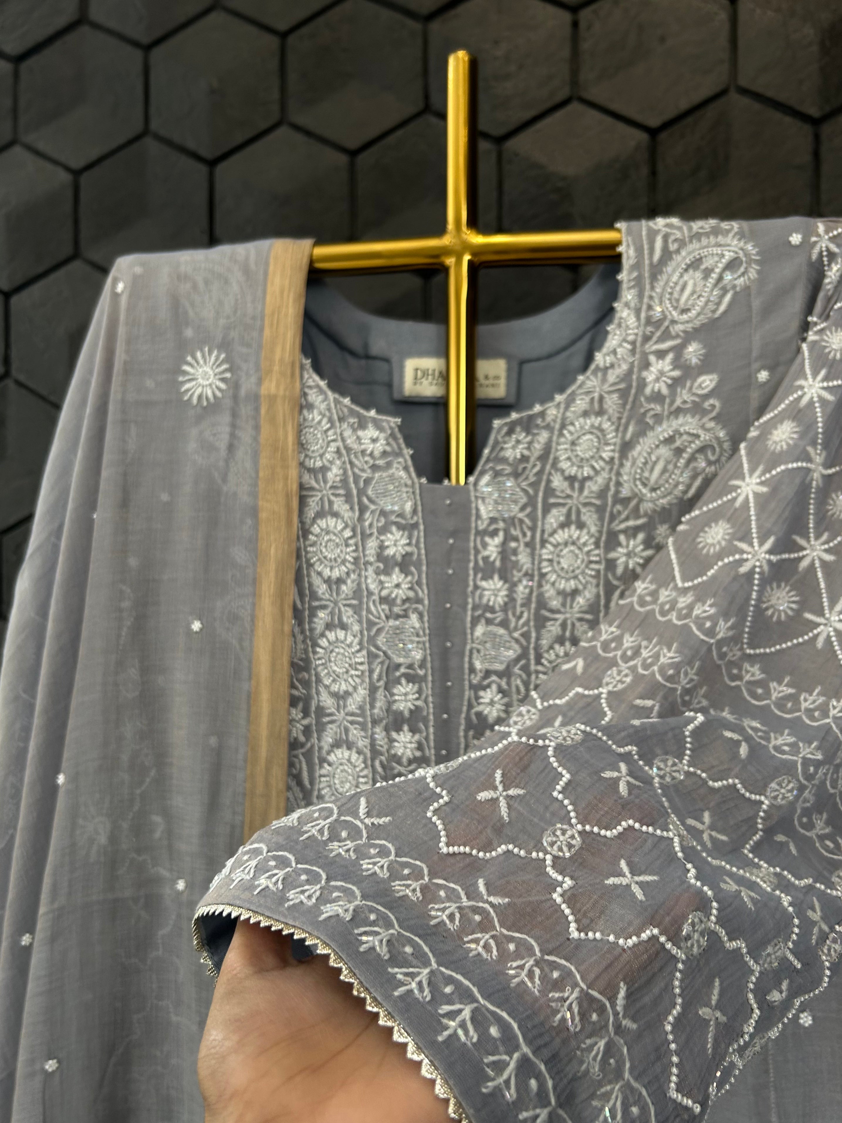 Grey Golden Tissue Chikankari Suit Set