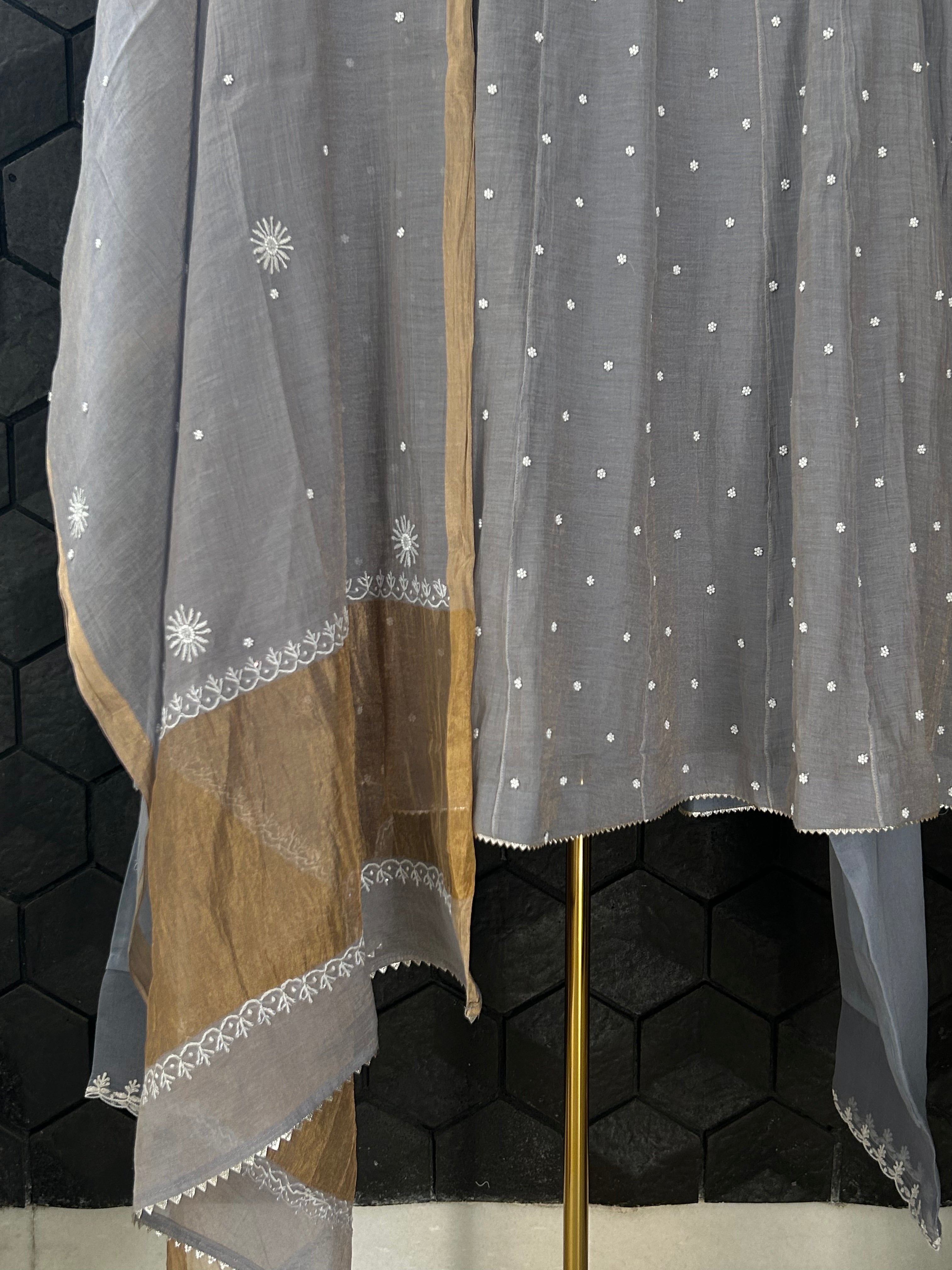 Grey Golden Tissue Chikankari Suit Set