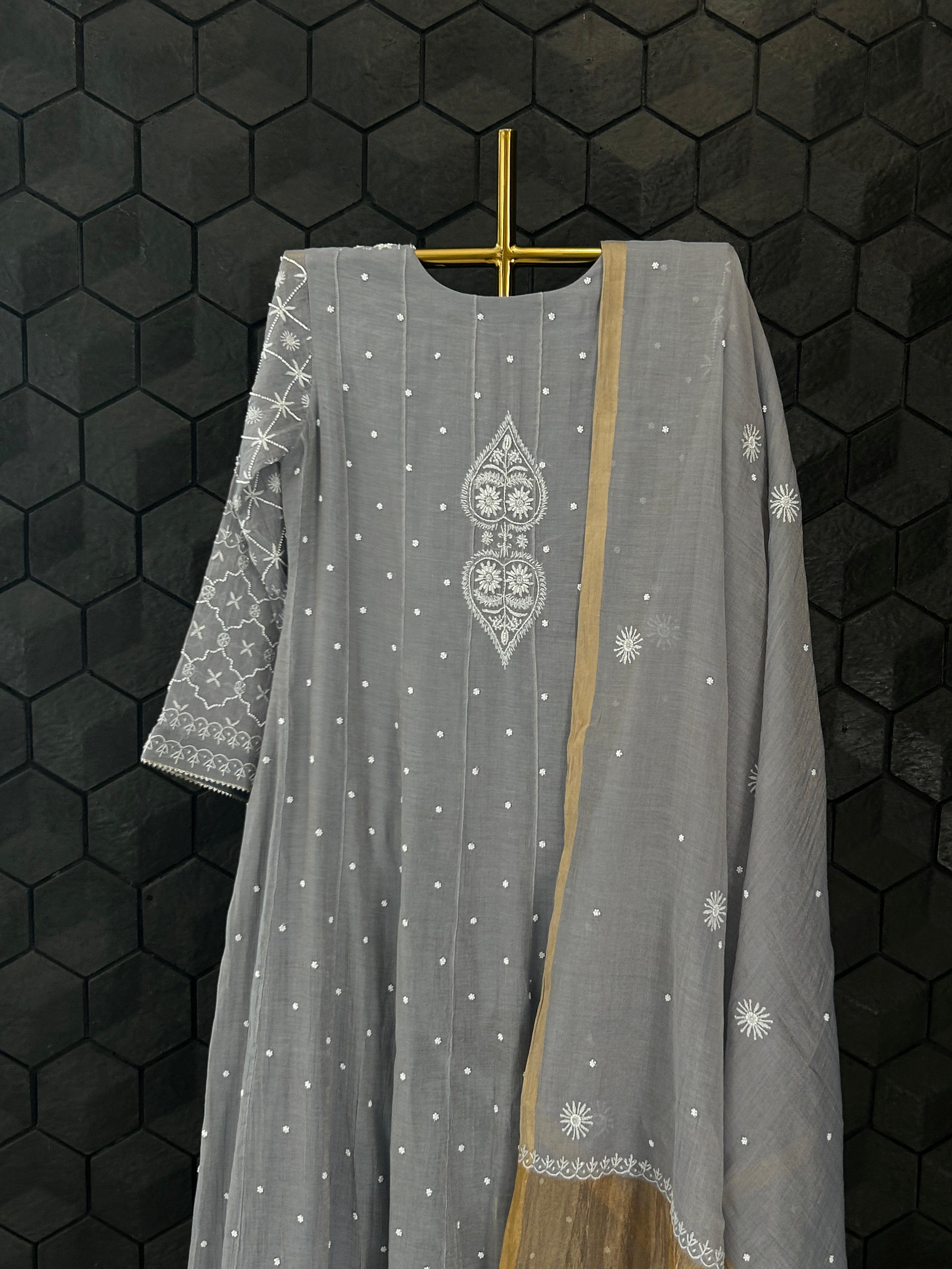 Grey Golden Tissue Chikankari Suit Set