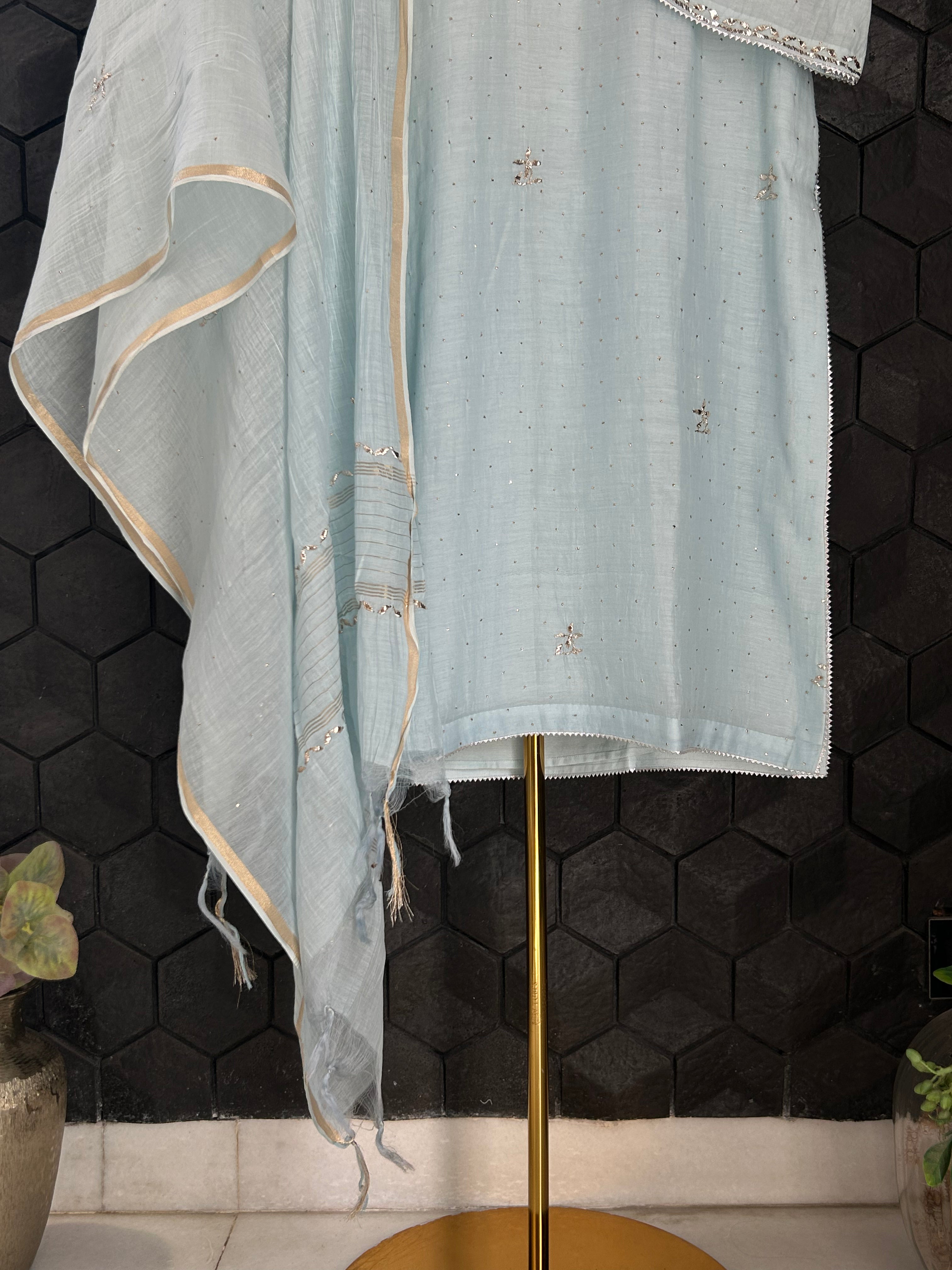 Sky Blue Mul Chanderi Mukaish Suit Set