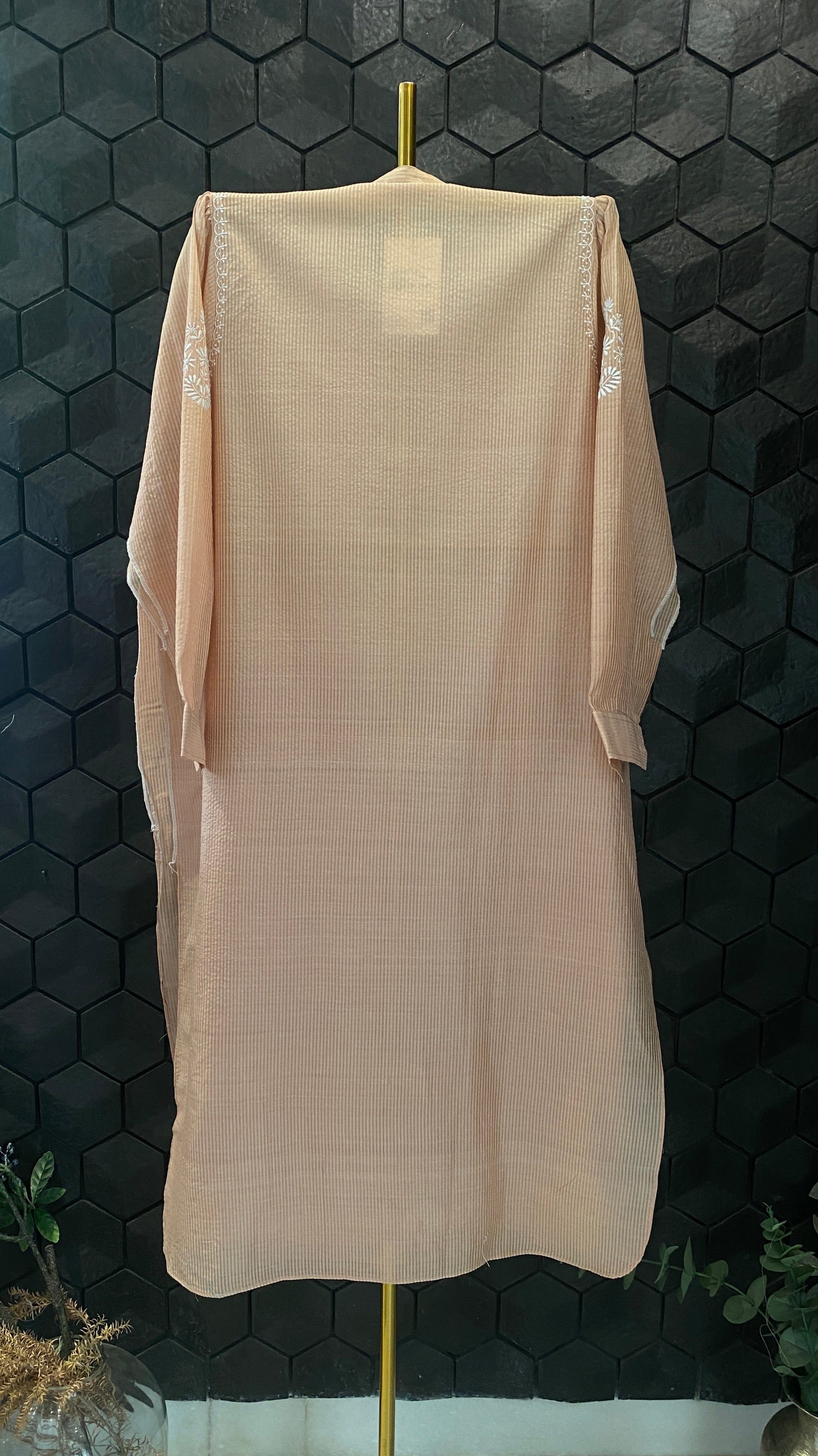 DULL PEACH CHANDERI STRIPED HANDLOOM CHIKANKARI KURTA