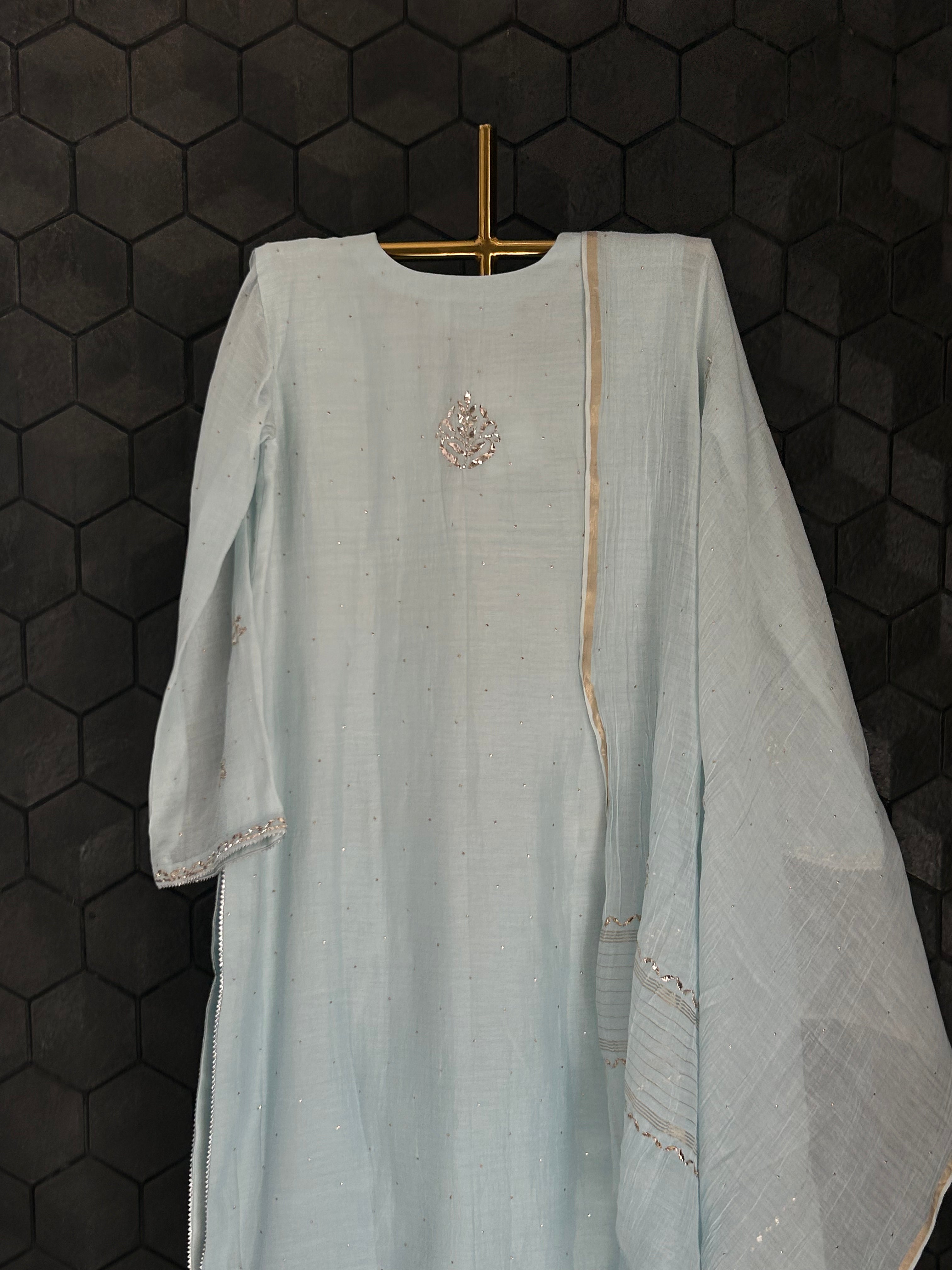 Sky Blue Mul Chanderi Mukaish Suit Set