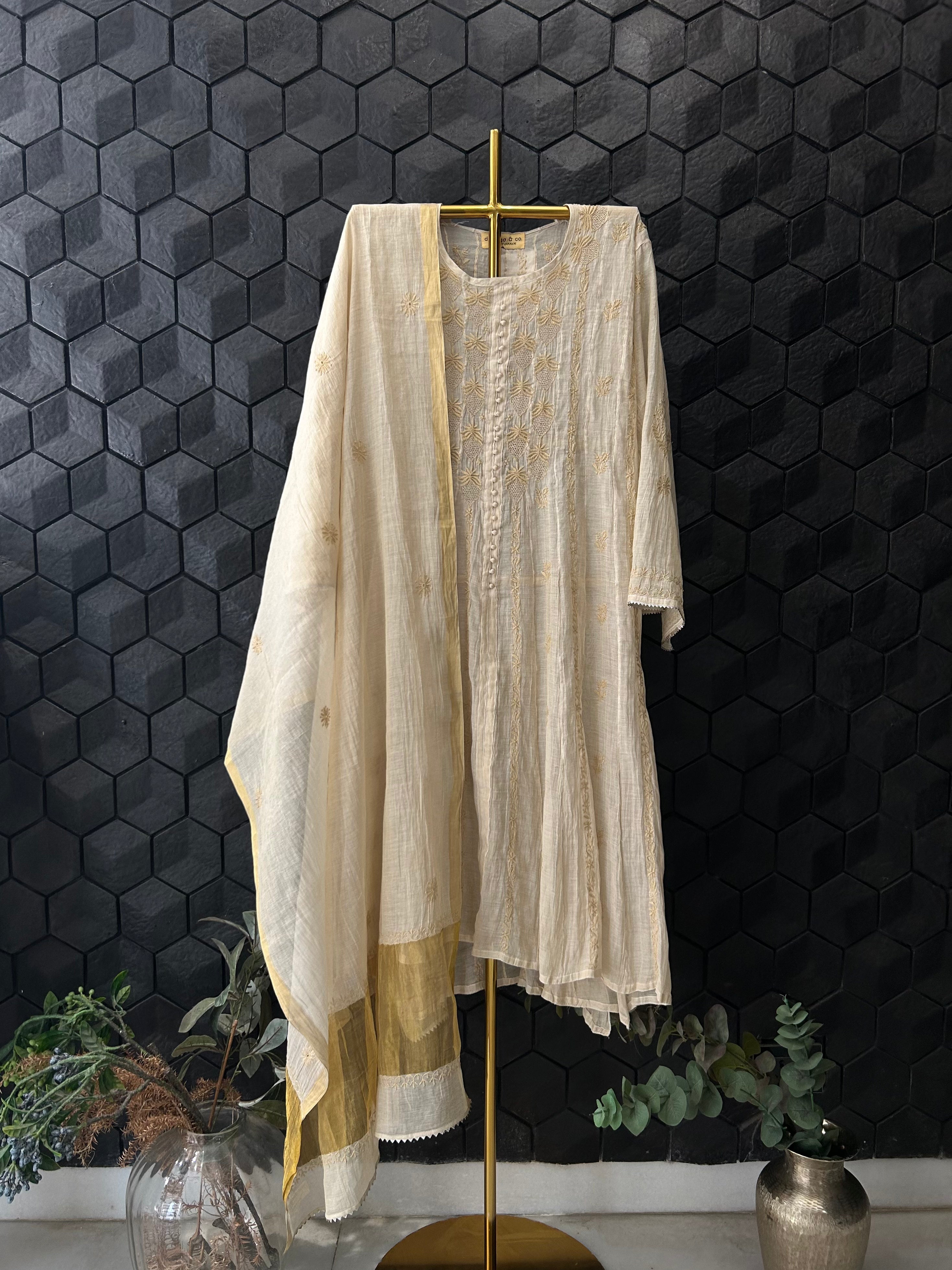 Golden Tissue Chikankari Anarkali Set