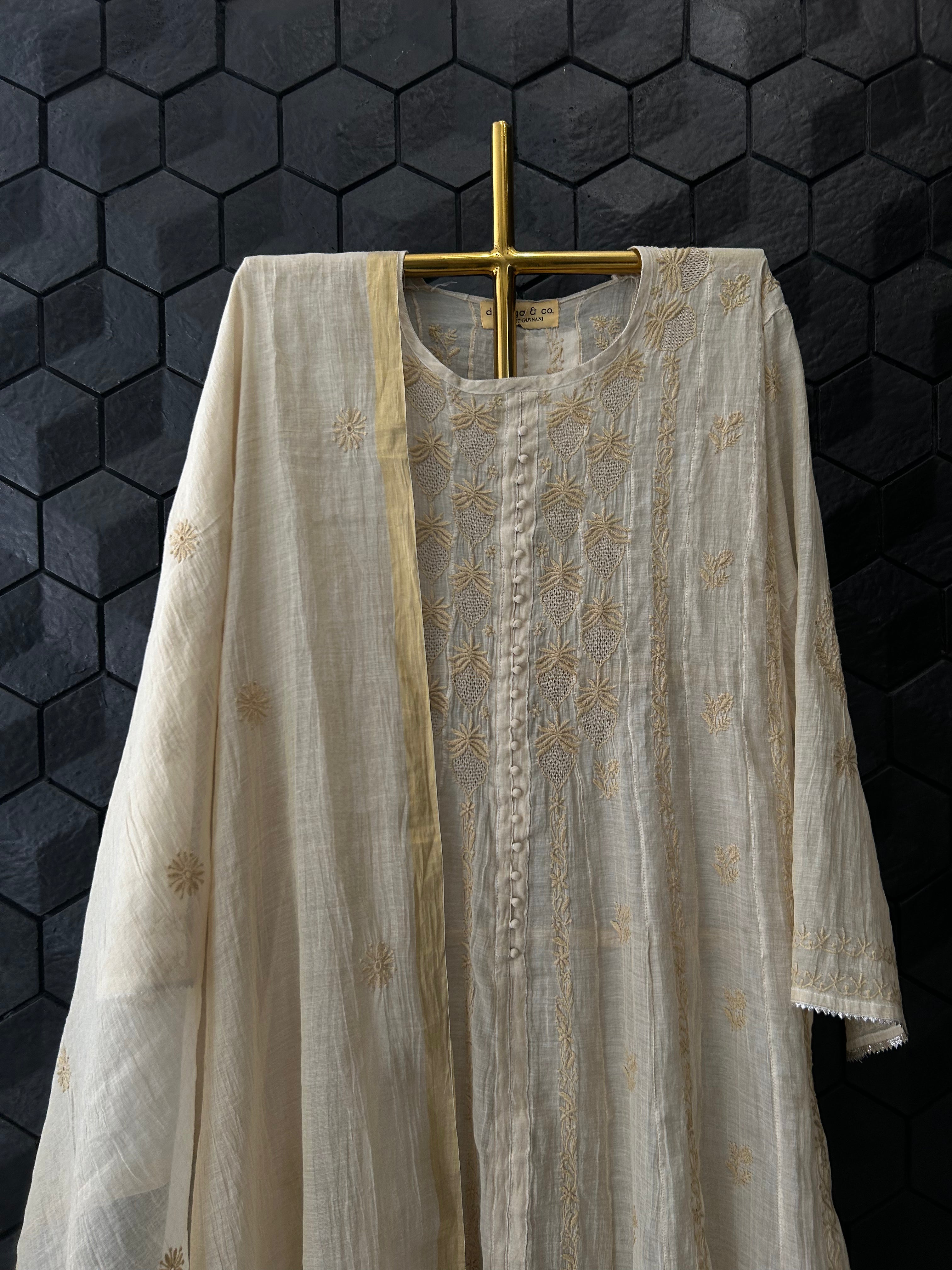 Golden Tissue Chikankari Anarkali Set