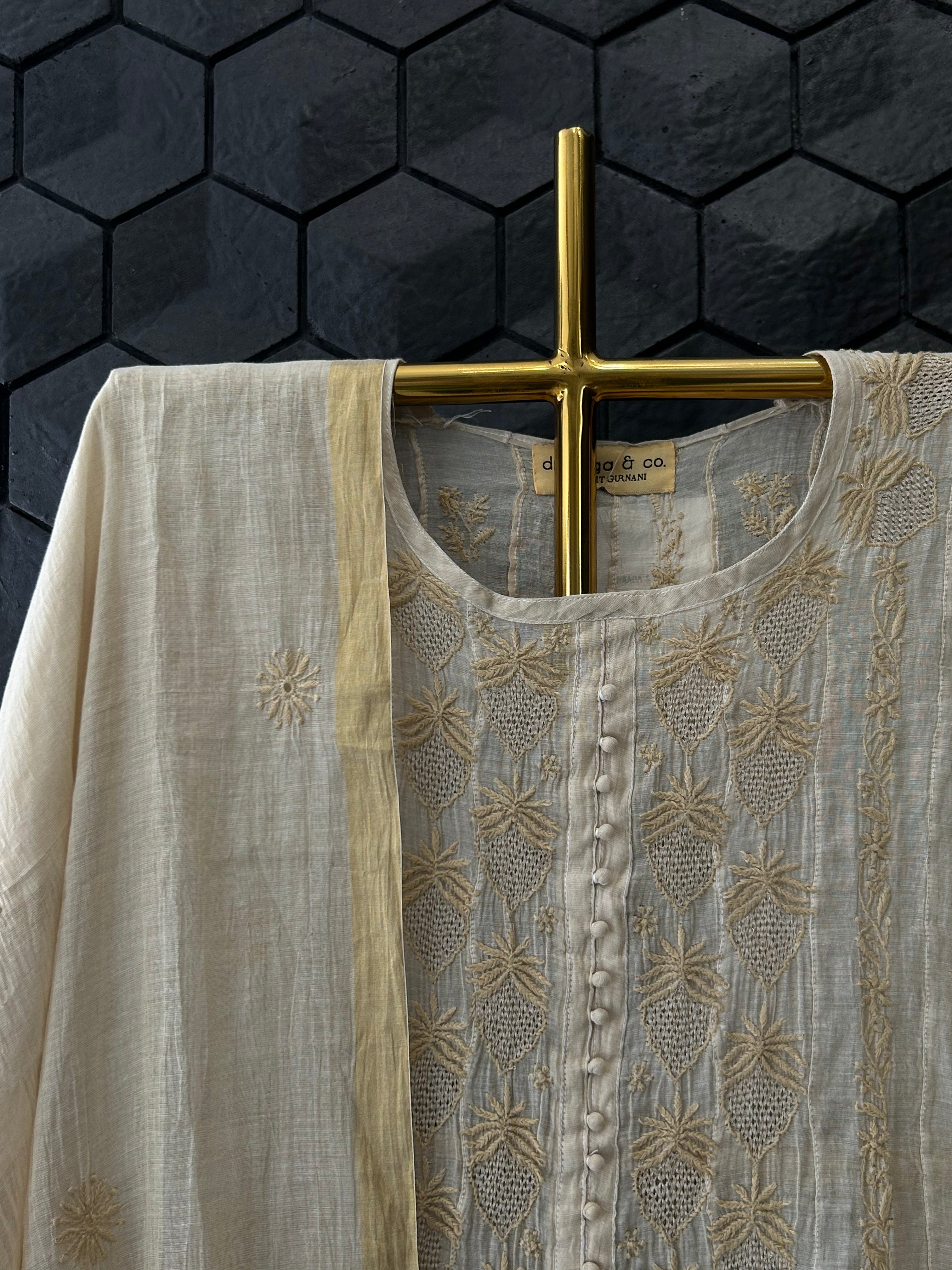 Golden Tissue Chikankari Anarkali Set