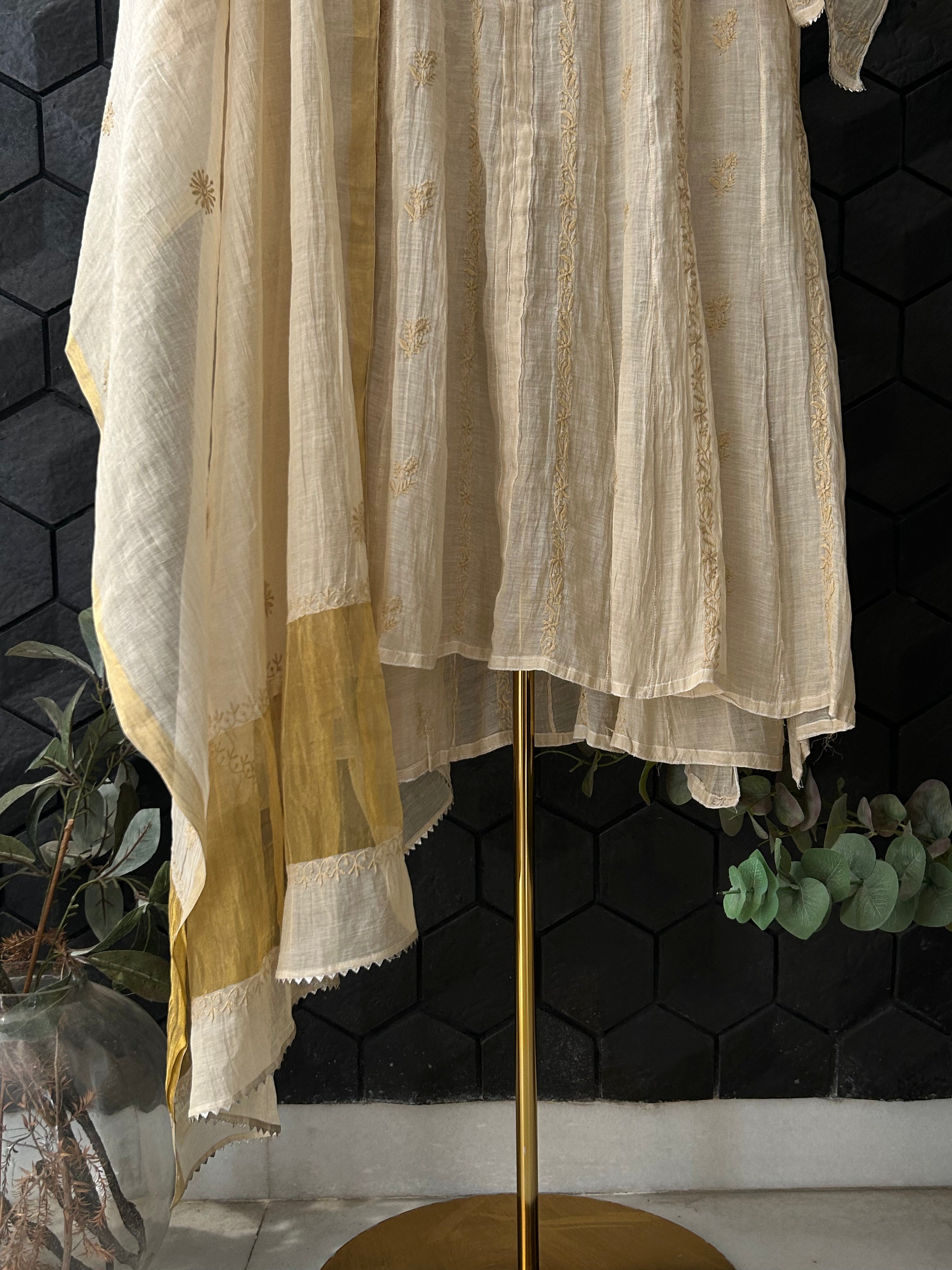 Golden Tissue Chikankari Anarkali Set
