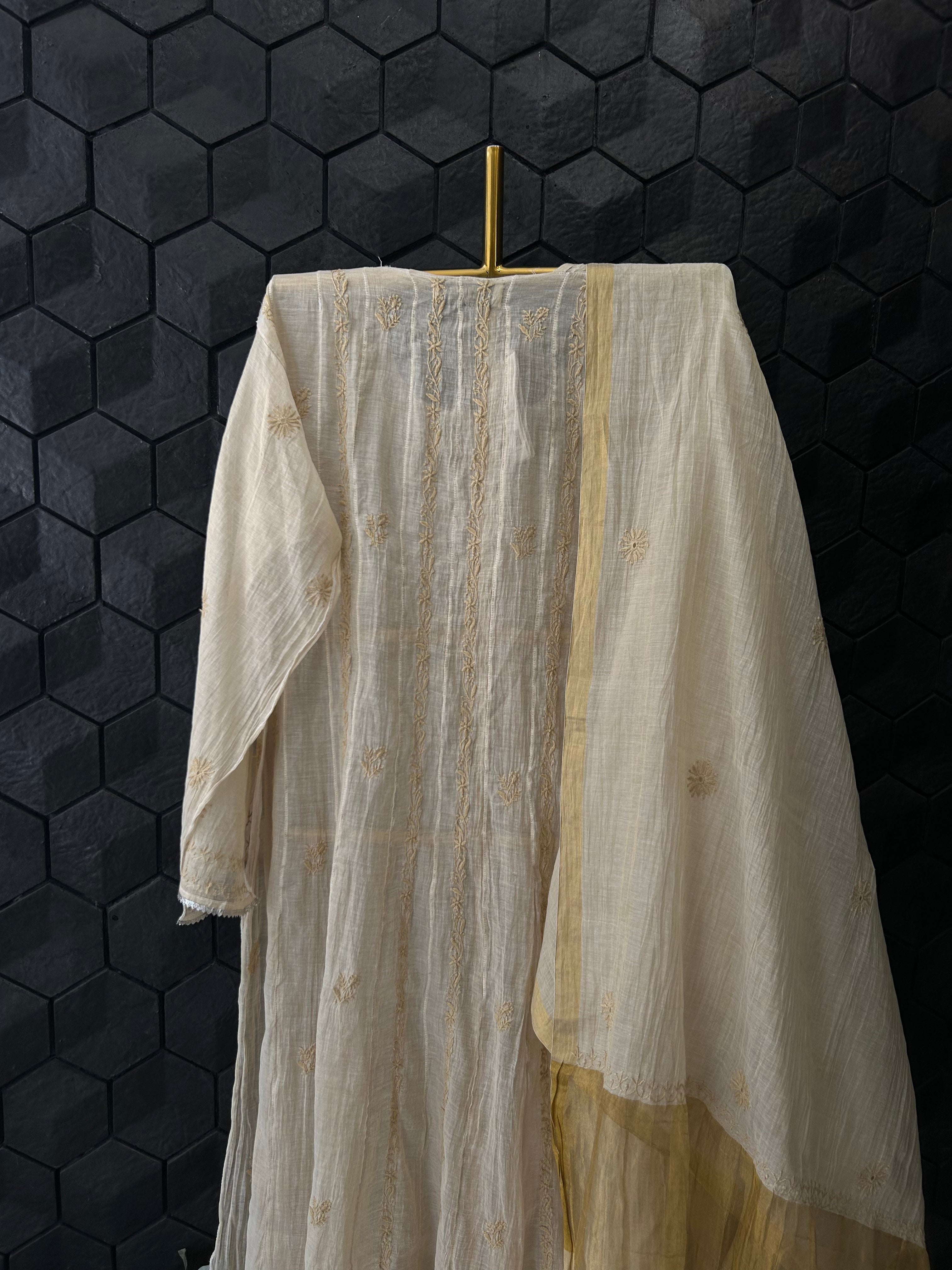 Golden Tissue Chikankari Anarkali Set