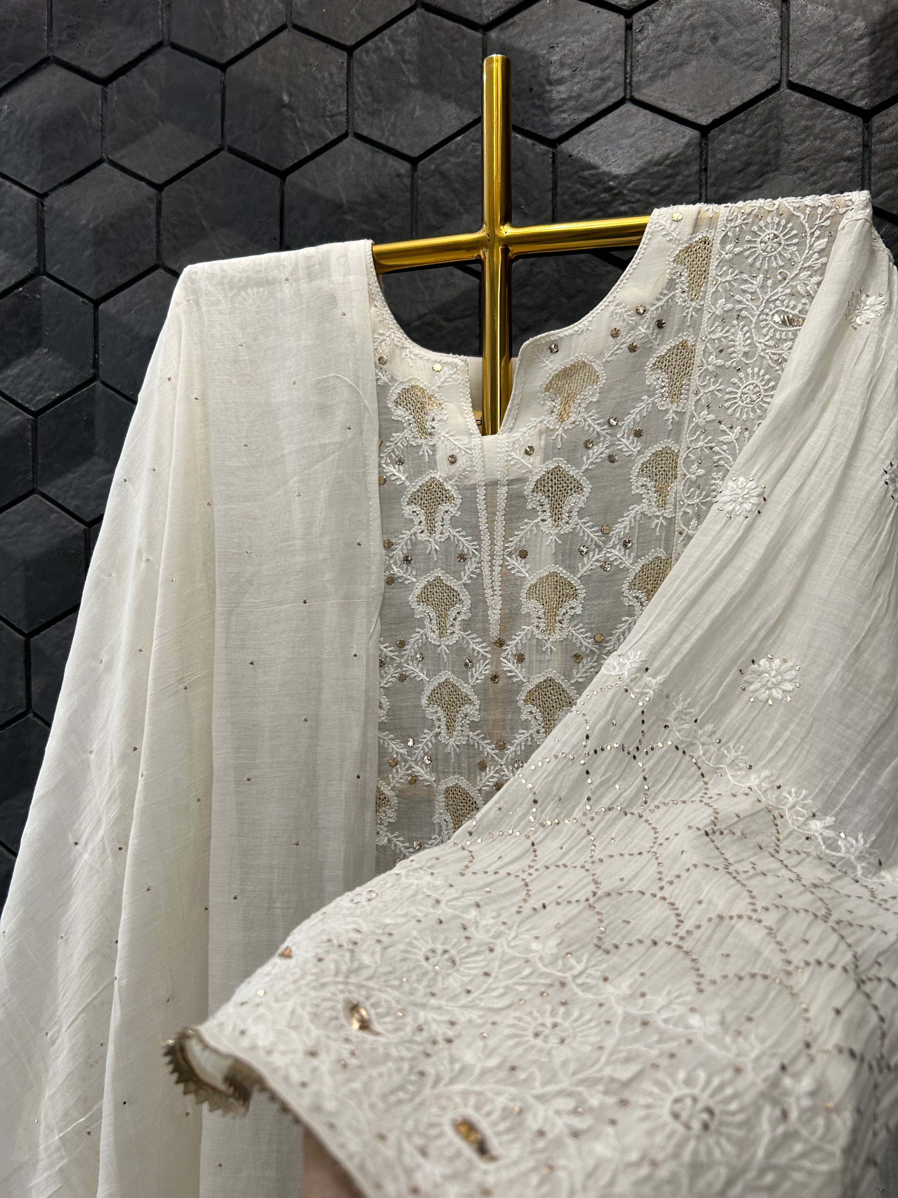 White Mul Chanderi Chikankari Anarkali Set