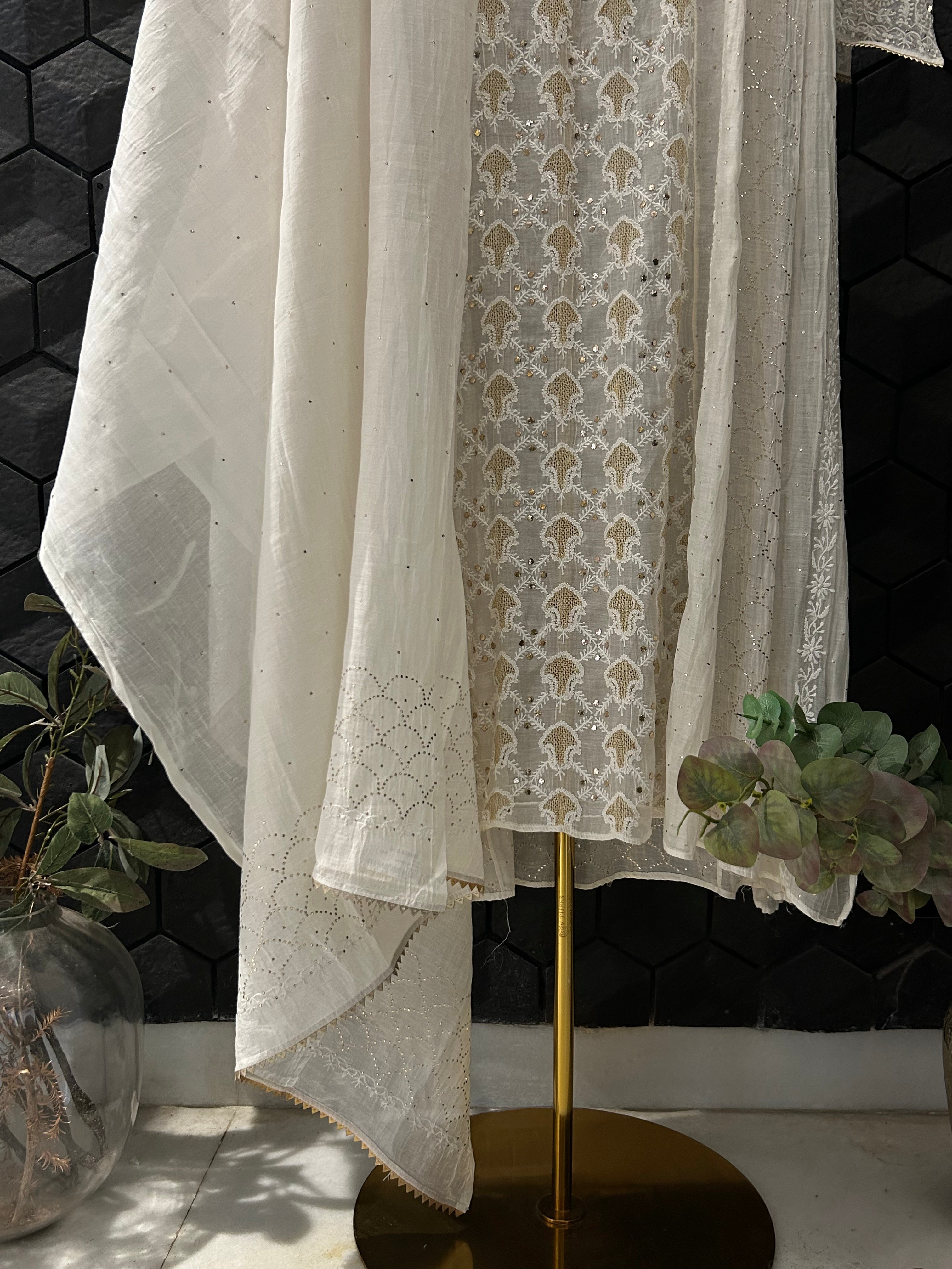 White Mul Chanderi Chikankari Anarkali Set